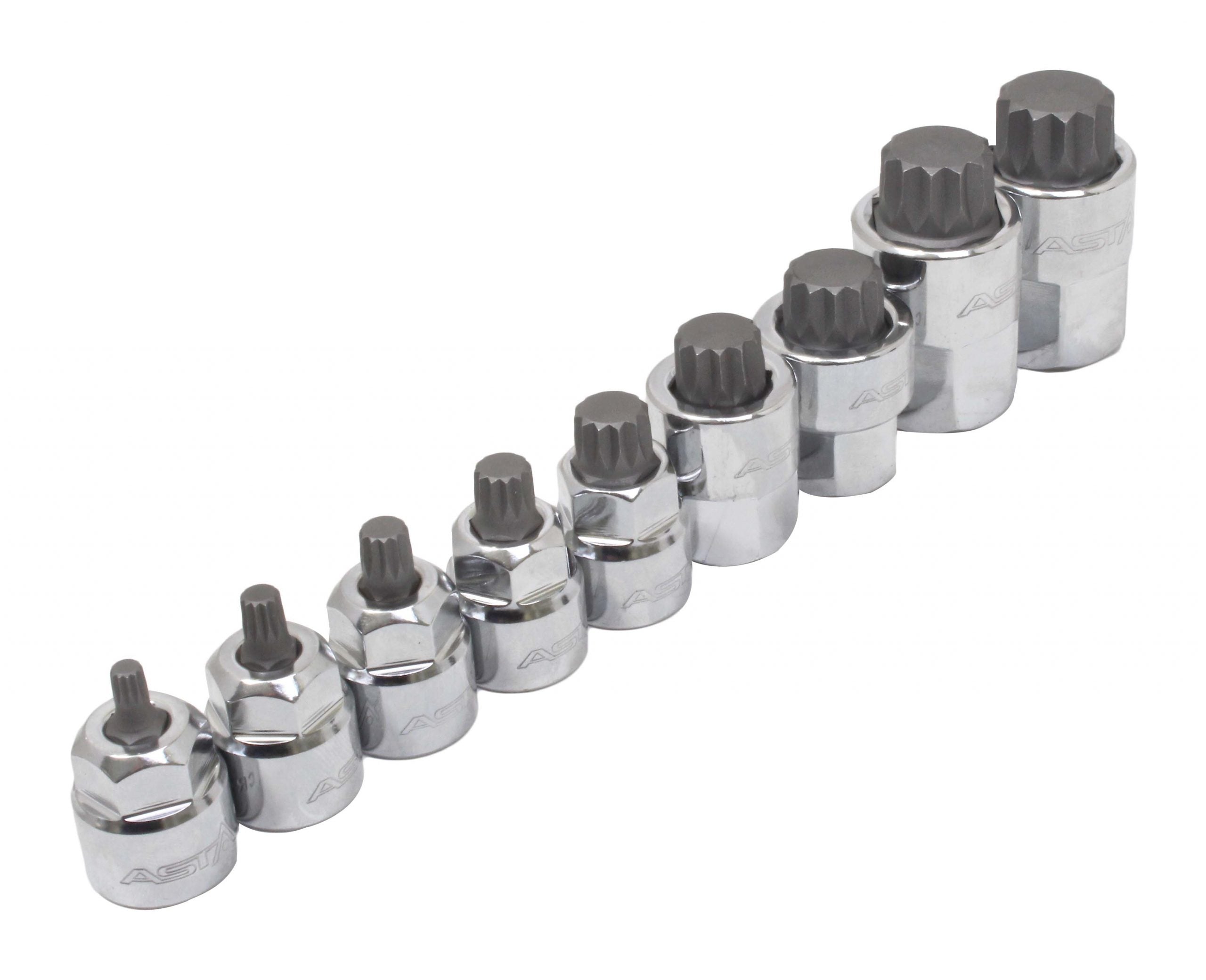 Set chiavi a bussola XZN Torx M4 - M18, filettatura multidente, 9 pezzi, 1/2" 3/8"