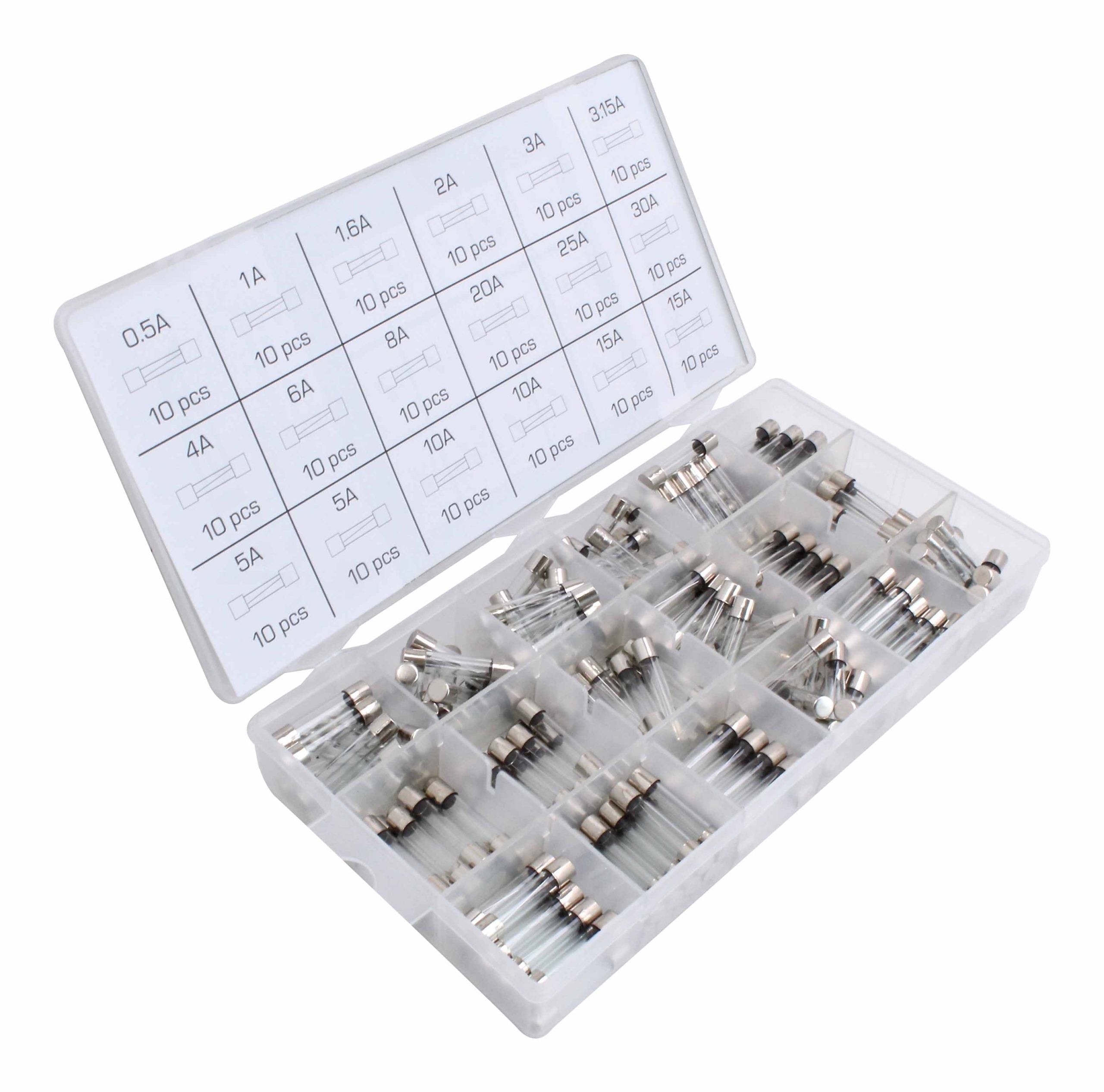 Valori assortimento fusibili in vetro ad attacco rapido 180pz 6 x 30mm 0.5A-30A