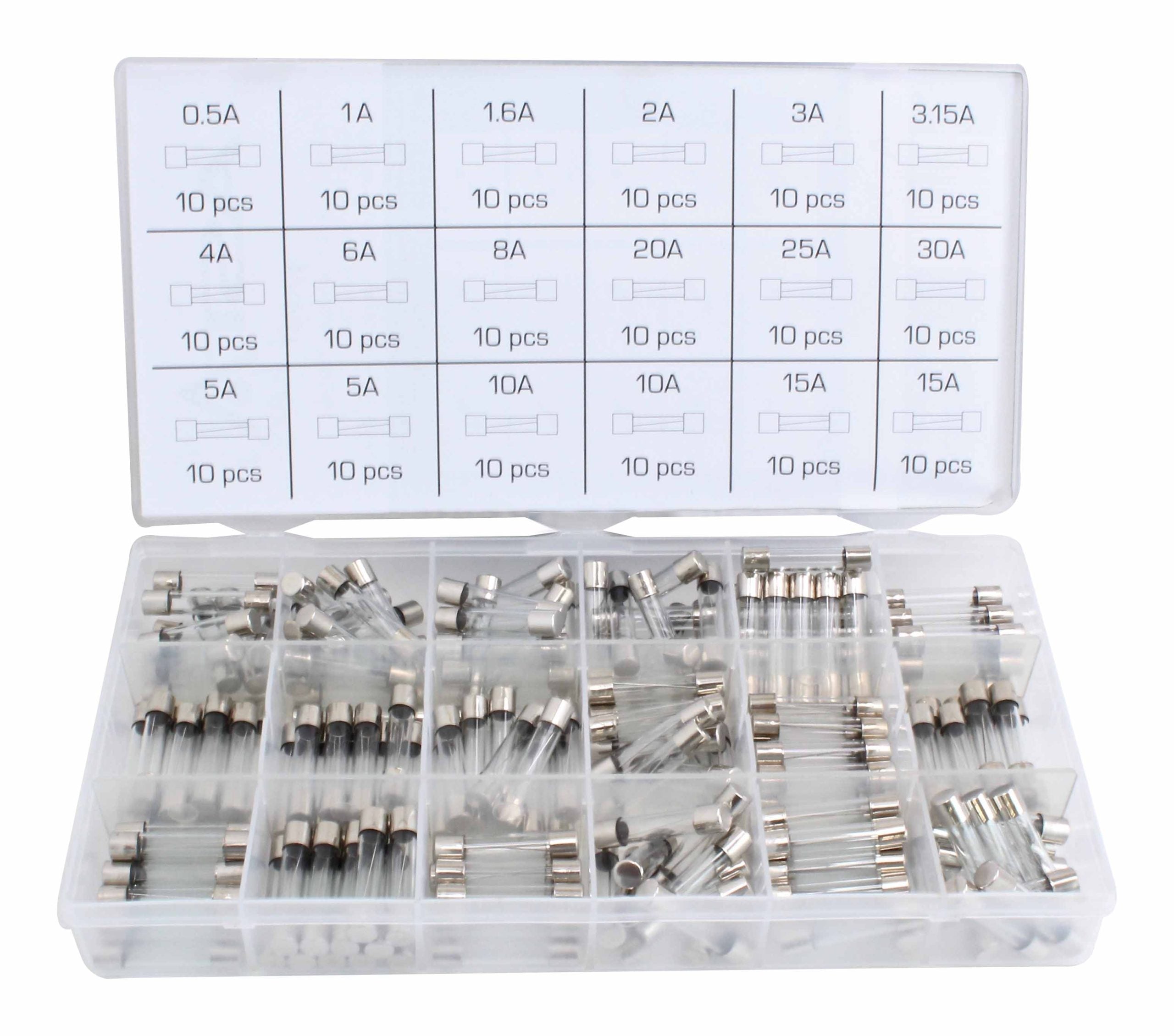 Valori assortimento fusibili in vetro ad attacco rapido 180pz 6 x 30mm 0.5A-30A