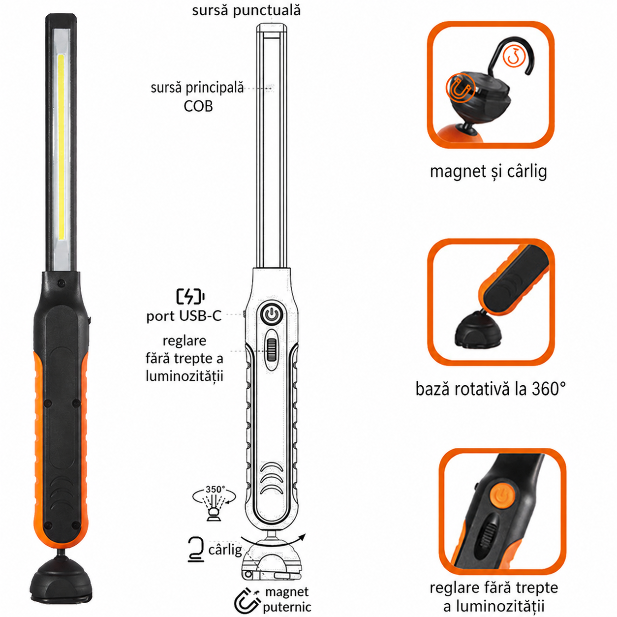 Lampada da lavoro a LED 1000LM ricaricabile con batteria 2000 MAH, regolazione intensità dimmer,torcia da lavoro Verke