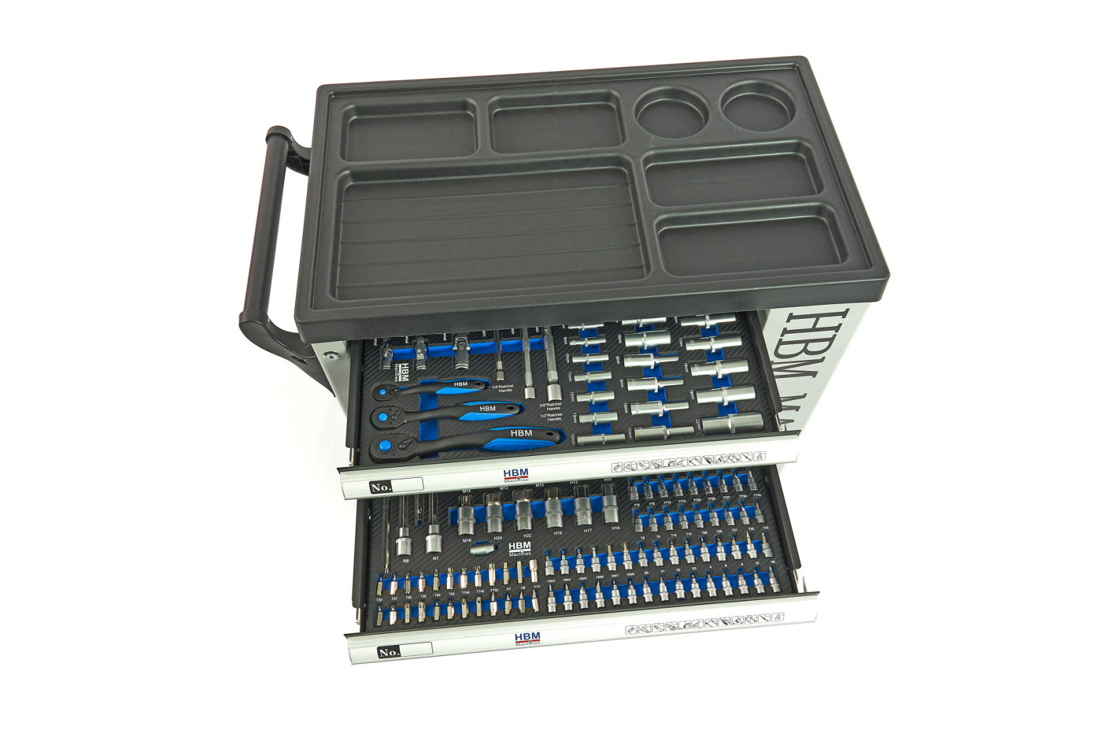 Carrello completo di attrezzi set 262 pezzi con 7 cassetti 7 scomparti e ruote da officina Carbon premium Olanda