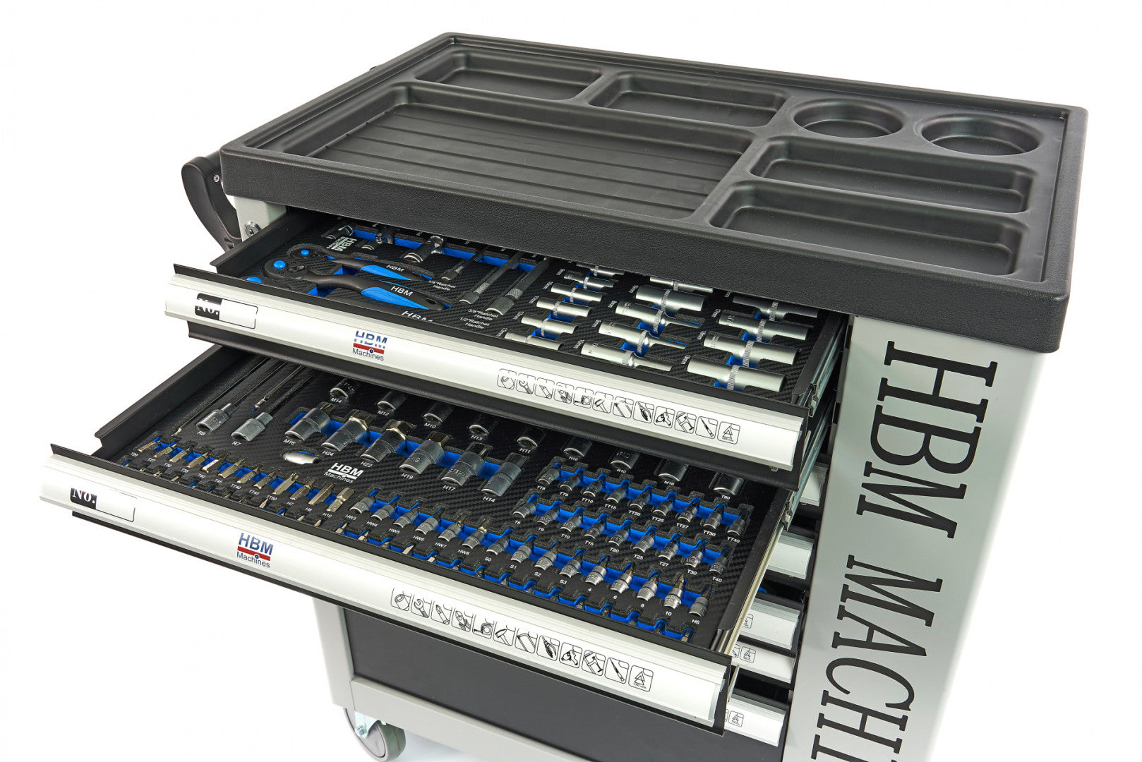 Carrello completo di attrezzi set 262 pezzi con 7 cassetti 7 scomparti e ruote da officina Carbon premium Olanda
