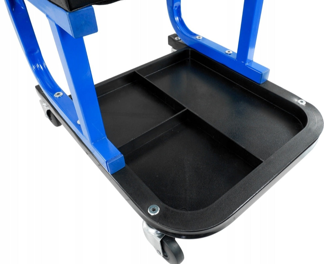 Sgabello per officina con ruote, sgabello di montaggio, carrello meccanico con ripiano porta-attrezzi a 3 scomparti, sgabello da officina su ruote, sgabello meccanico garage, Baug