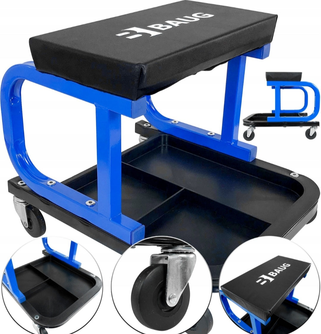 Sgabello per officina con ruote, sgabello di montaggio, carrello meccanico con ripiano porta-attrezzi a 3 scomparti, sgabello da officina su ruote, sgabello meccanico garage, Baug