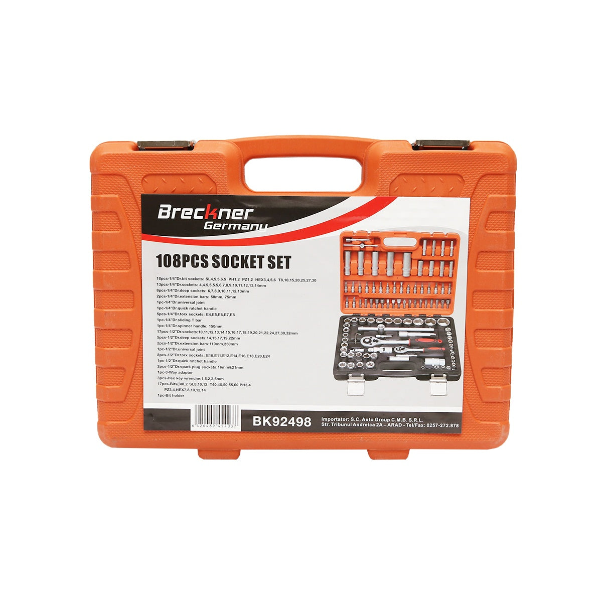 Valigetta utensili professionale 108 pezzi, serie di chiavi a bussola, torx cricchetti, prolunghe, kit attrezzi per auto, officina fai-da-te con attacchi 1/2" e 1/4"