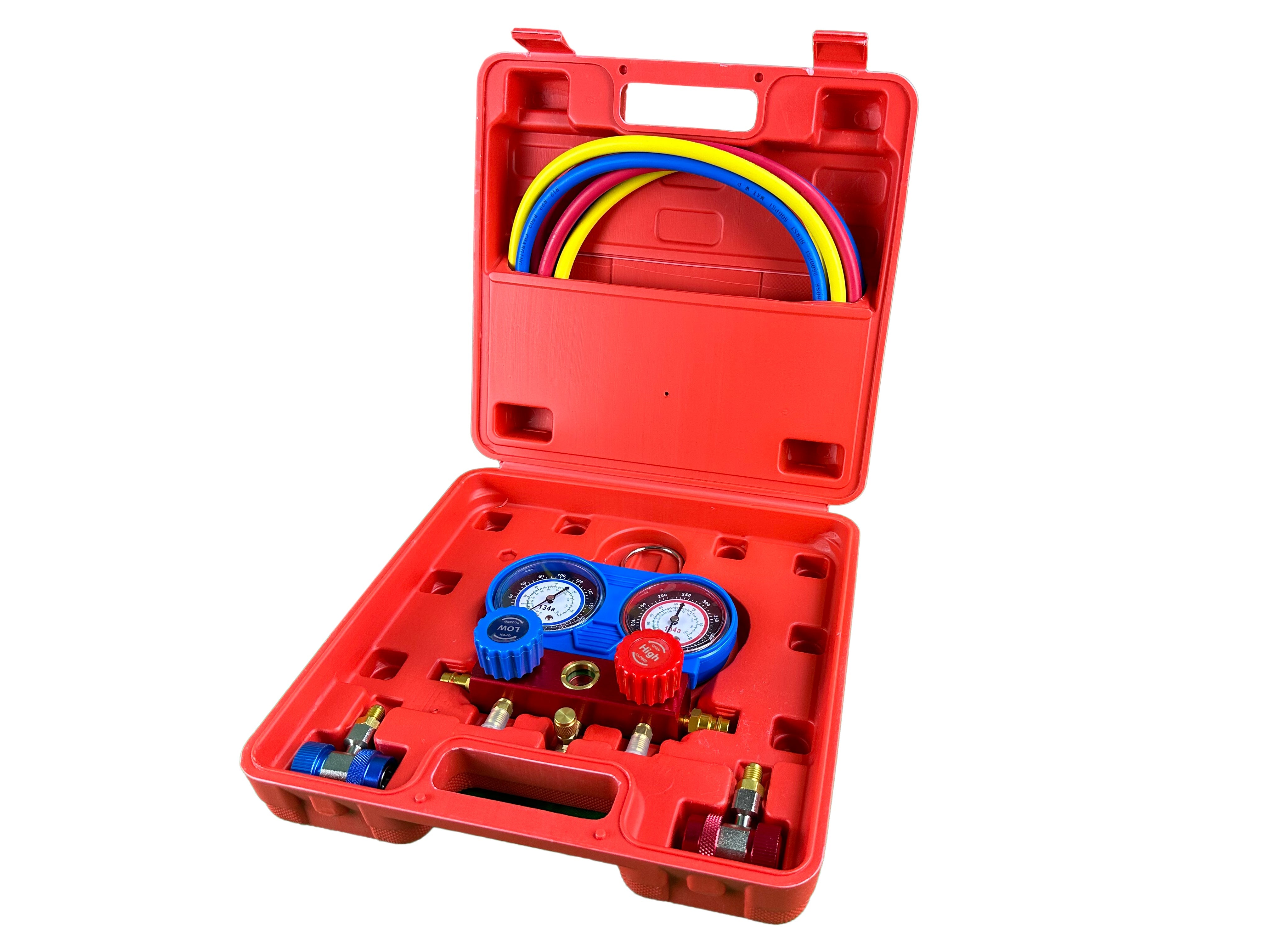 Pompa vuoto per condizionatori con kit manometri condizionatori, kit ricarica aria condizionata per refrigeranti, kit set manometro per diagnosi gas condizionatori di aria e auto, Gebo Tools