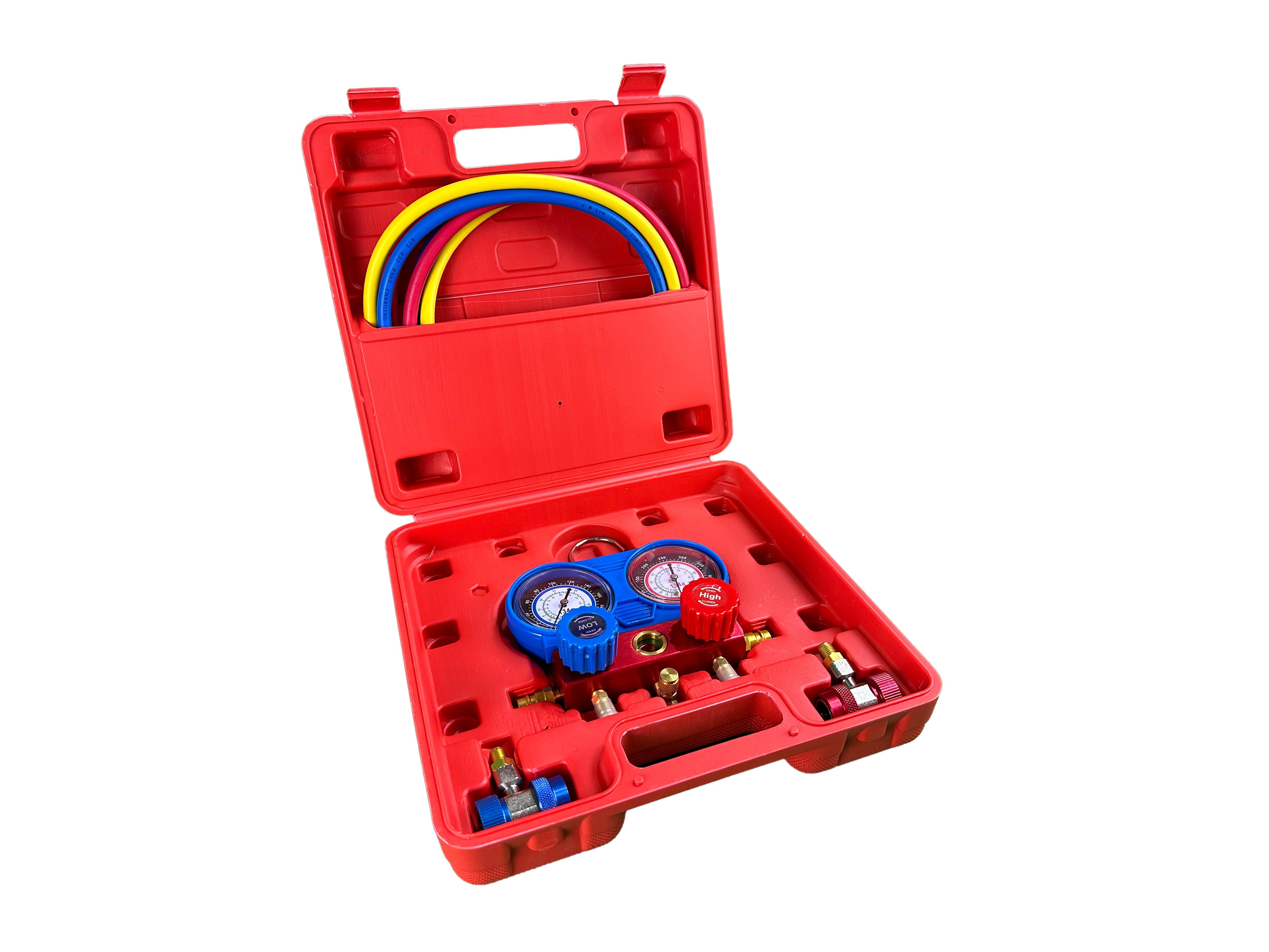 Pompa vuoto per condizionatori con kit manometri condizionatori, kit ricarica aria condizionata per refrigeranti, kit set manometro per diagnosi gas condizionatori di aria e auto, Gebo Tools