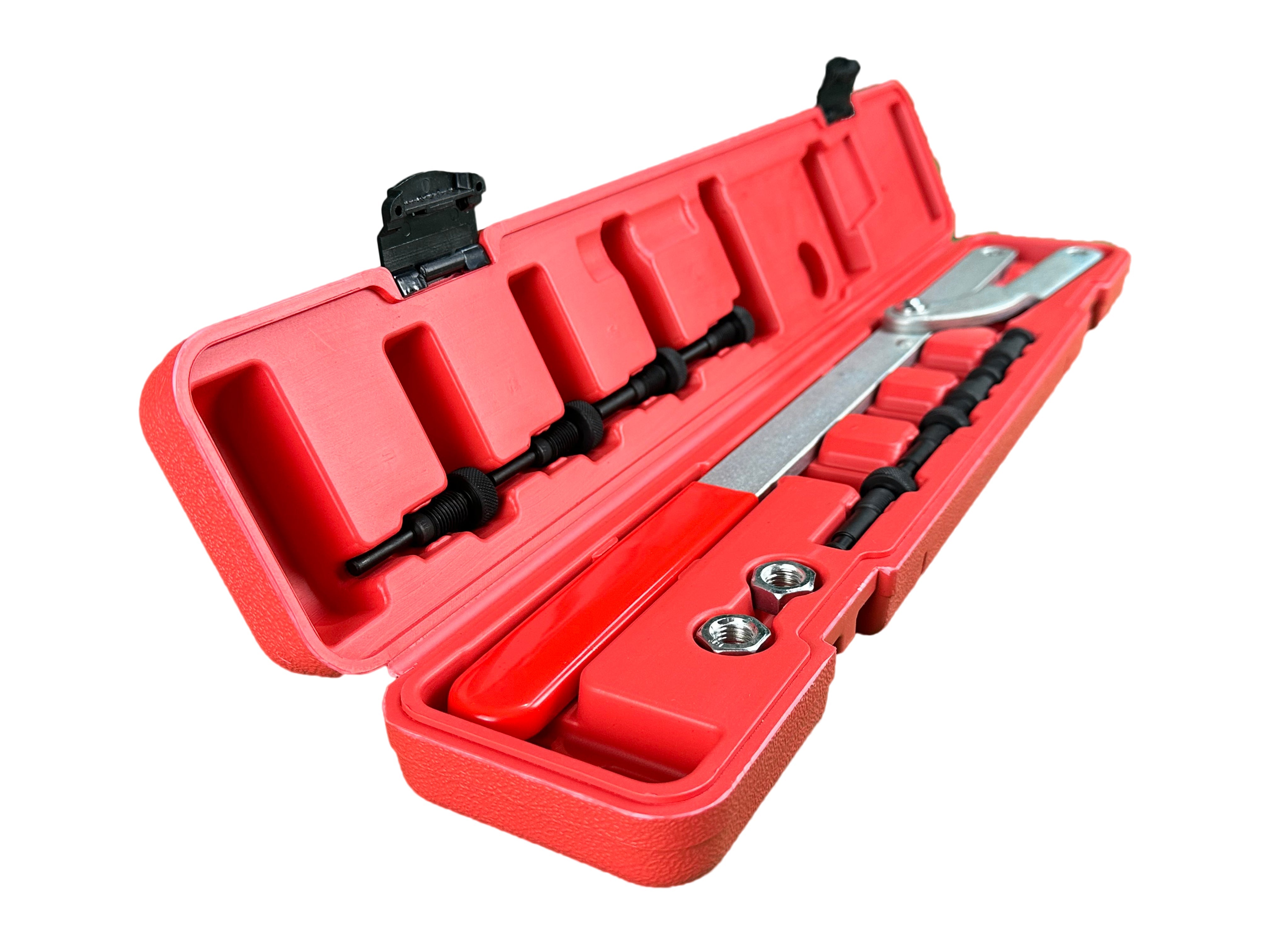 Set attrezzi chiave controsupporto per albero a camme 40–220 mm con 4 set di bulloni di bloccaggio 6, 8, 10, 16 mm con custodia, kit di chiavi a leva per il bloccaggio degli ingranaggi della distribuzione e degli alberi a camme, marca Gebo Tools