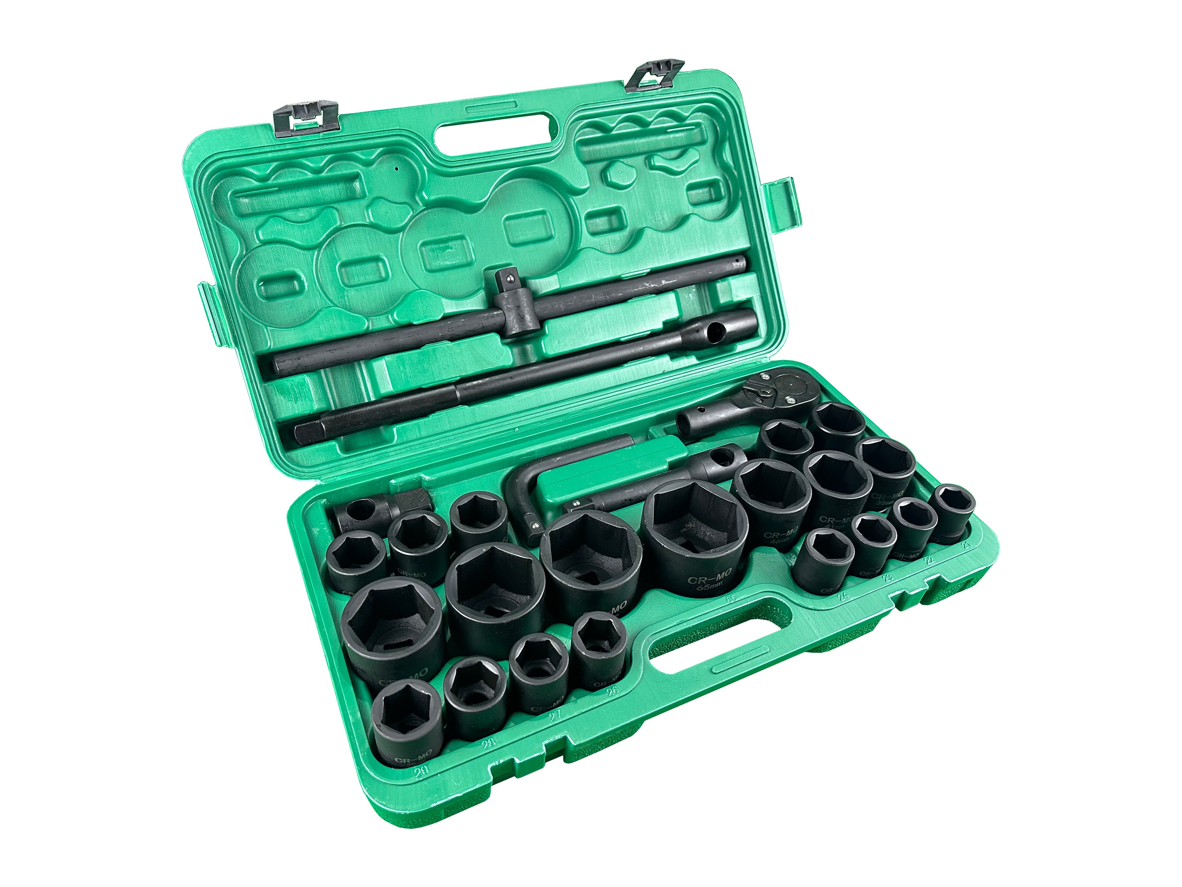 3/4"- 1" Set bussole a impatto, set chiavi a bussola, drive impact socket, dimensioni metriche (21-50 mm e 55-65 mm), Cr-Mo acciaio con barre di prolunga