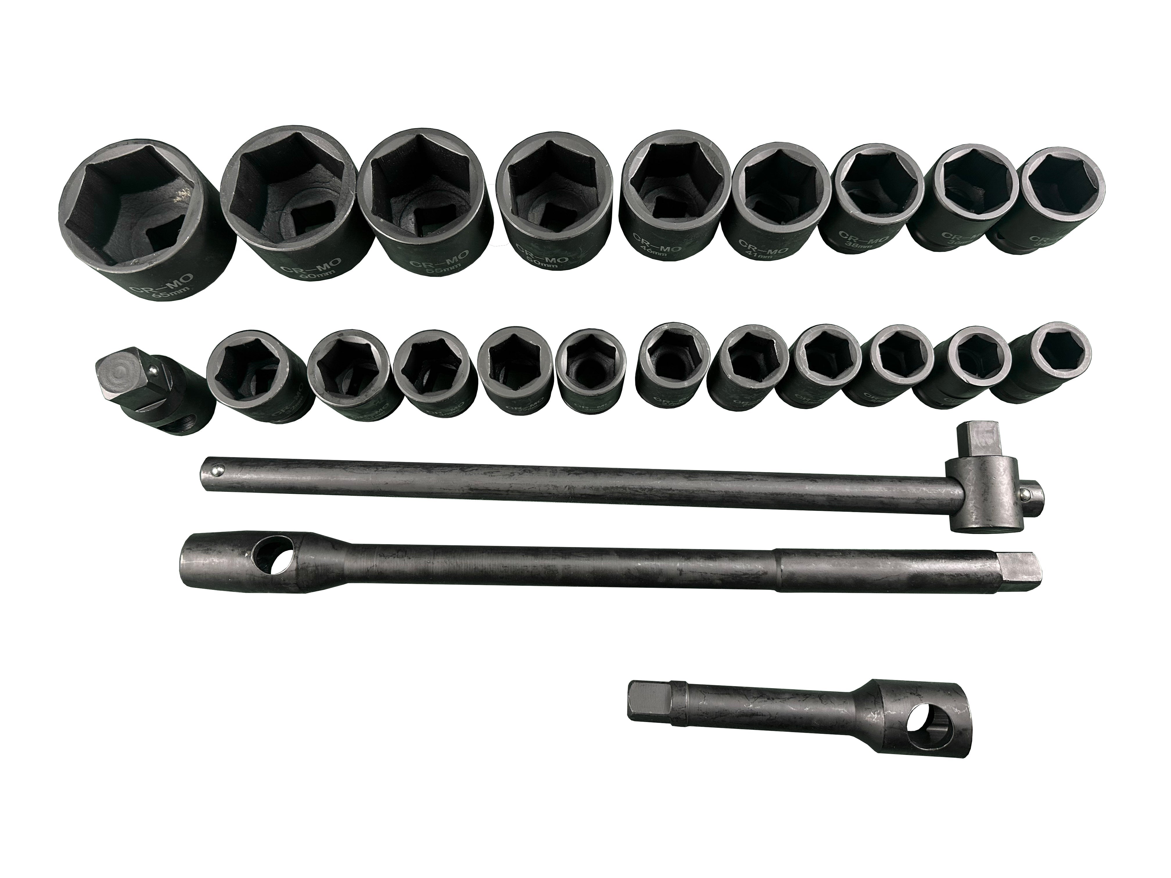 3/4"- 1" Set bussole a impatto, set chiavi a bussola, drive impact socket, dimensioni metriche (21-50 mm e 55-65 mm), Cr-Mo acciaio con barre di prolunga