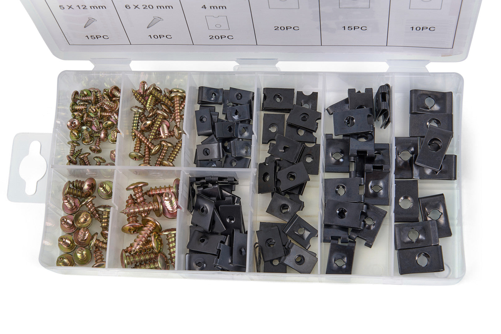 Kit assortimento di 170 pezzi vite per autoveicoli e auto U-clips, incluse 90 viti di autofilettante testa a croce, dadi a clip a U per carrozzeria panel auto viti carene bulloni di fissaggio