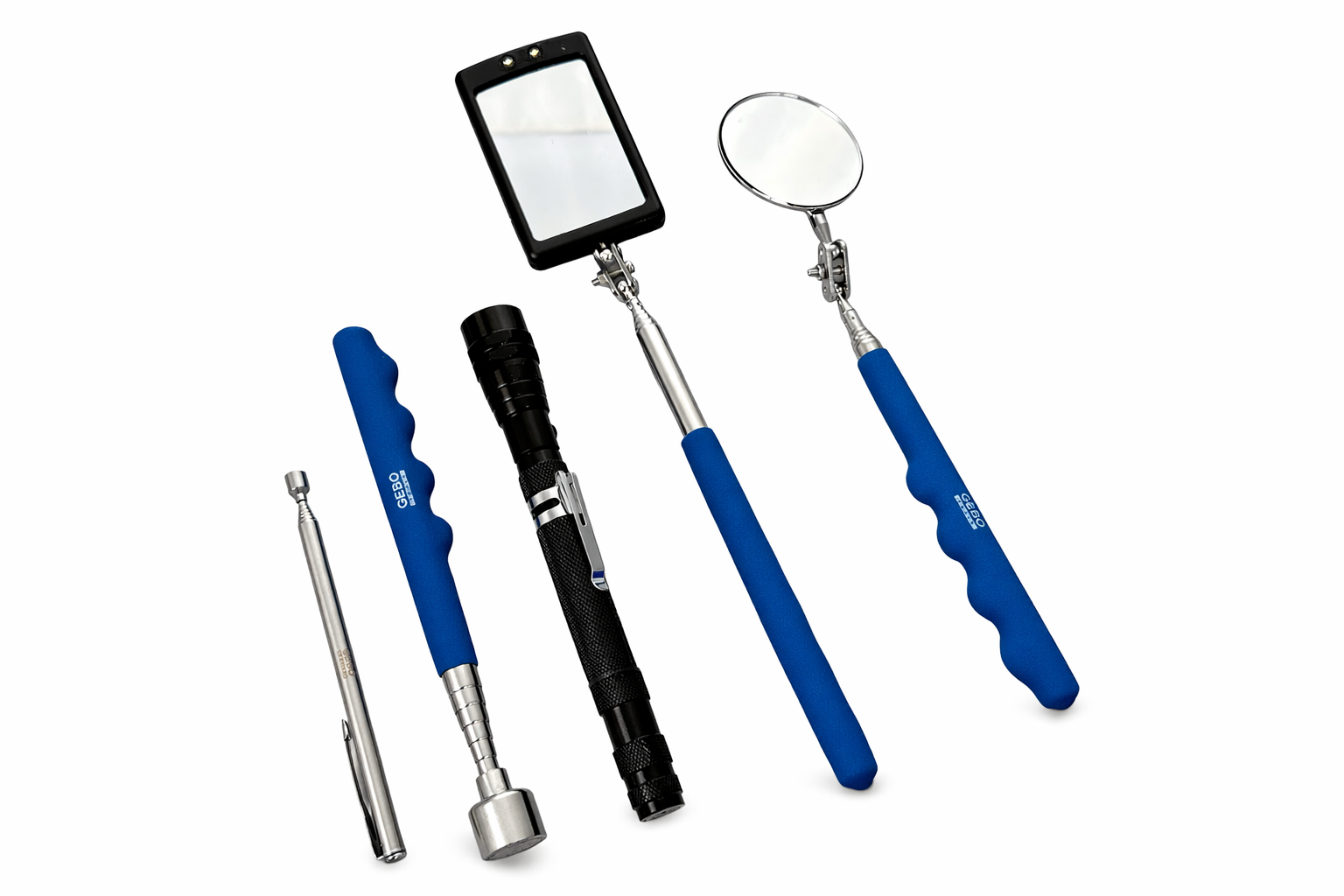 Attrezzi kit, specchio di ispezione telescopico, quadrato specchio con luce LED, manico telescopico per angolo visione extra, magnetico pickup, 5 pezzi, Gebo Tools