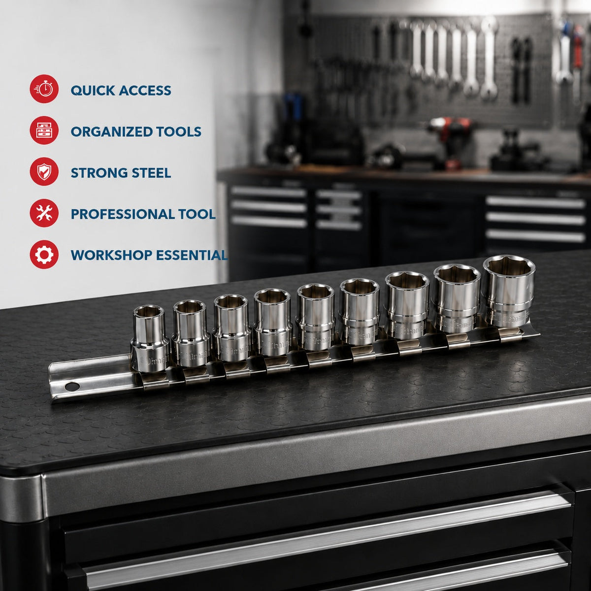 Supporto porta chiavi a bussola 1/2" , organizer con guida in metallo per attrezzi in garage,Gebo Tools