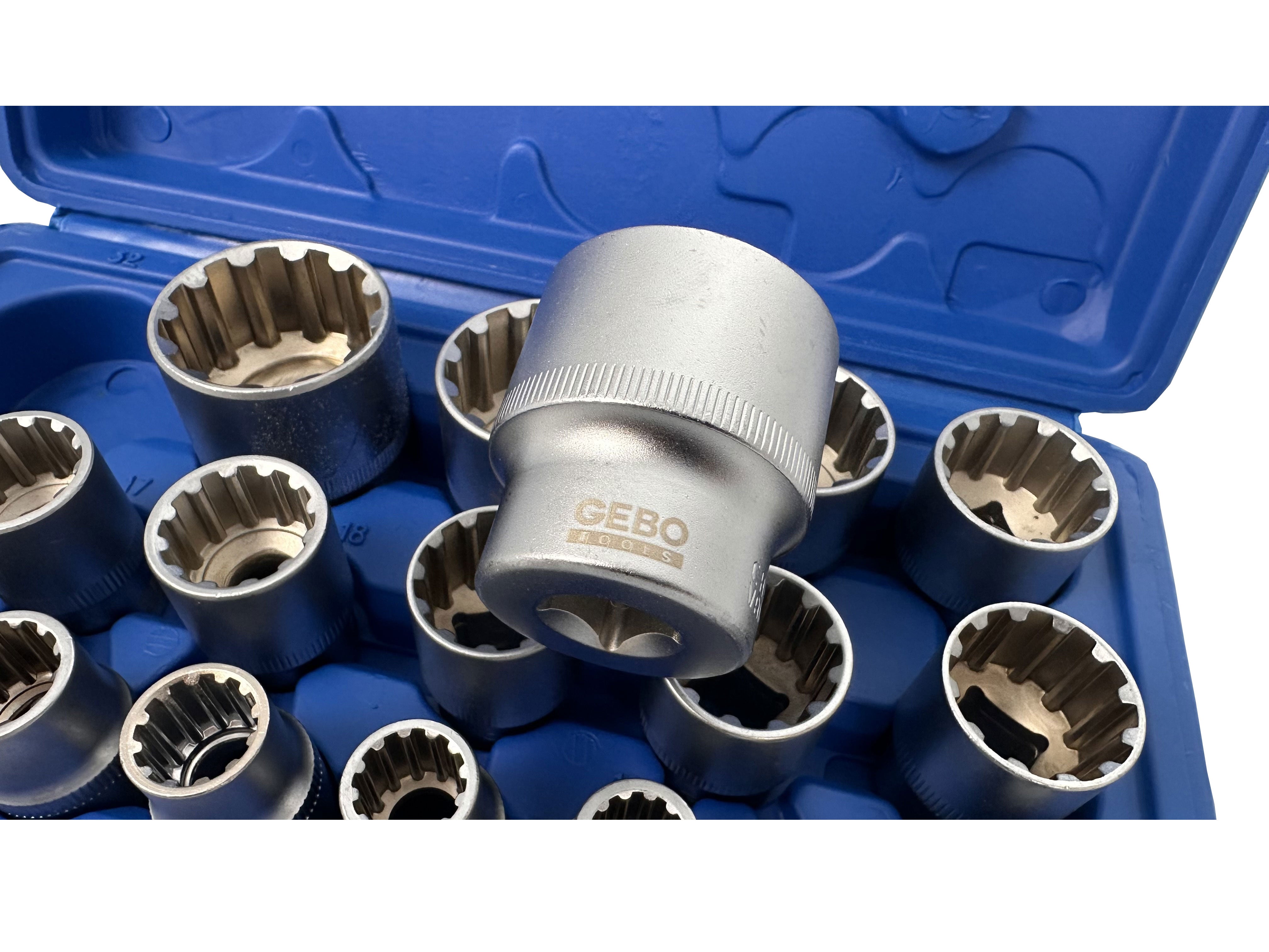 Set chiavi a bussola da 1/2" 8-32mm, chiave a bussola con custodia robusta e portatile, set di chiavi a bussola in acciaio Cr-V, millerighe XZN 19 pezzi, Gebo Tools