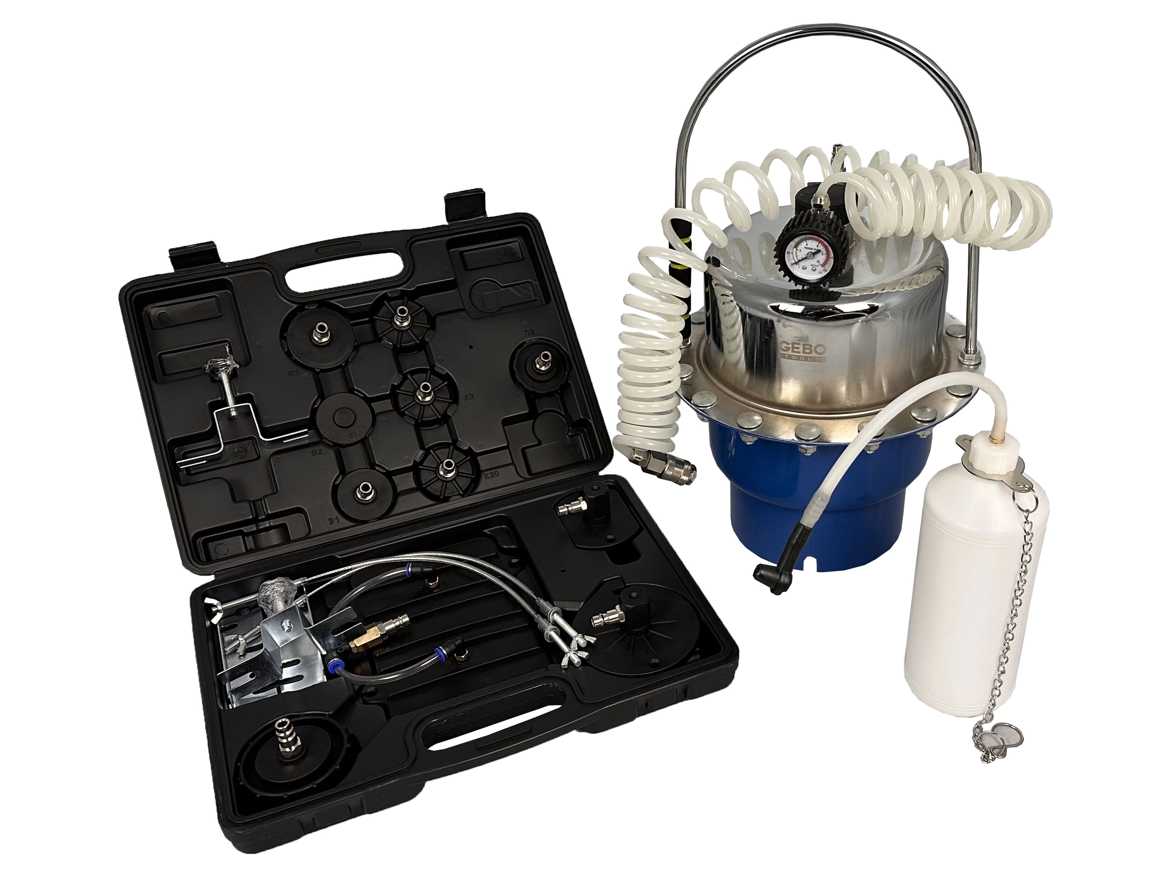 Spurgo freni auto e spurgo liquido freni con adattatori universale, pompa per spurgo multimarca, dispositivo per spurgo sistema dei freni, Gebo Tools