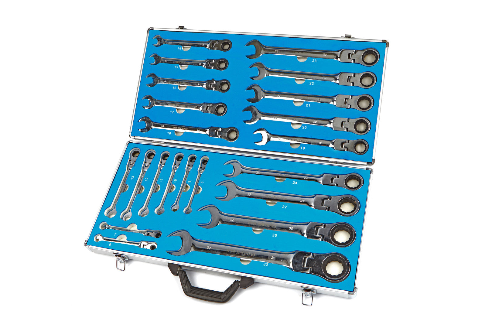 Set di chiavi combinate a cricchetto con snodo, snodabili-snodate, set 22 pz in valigetta alluminio