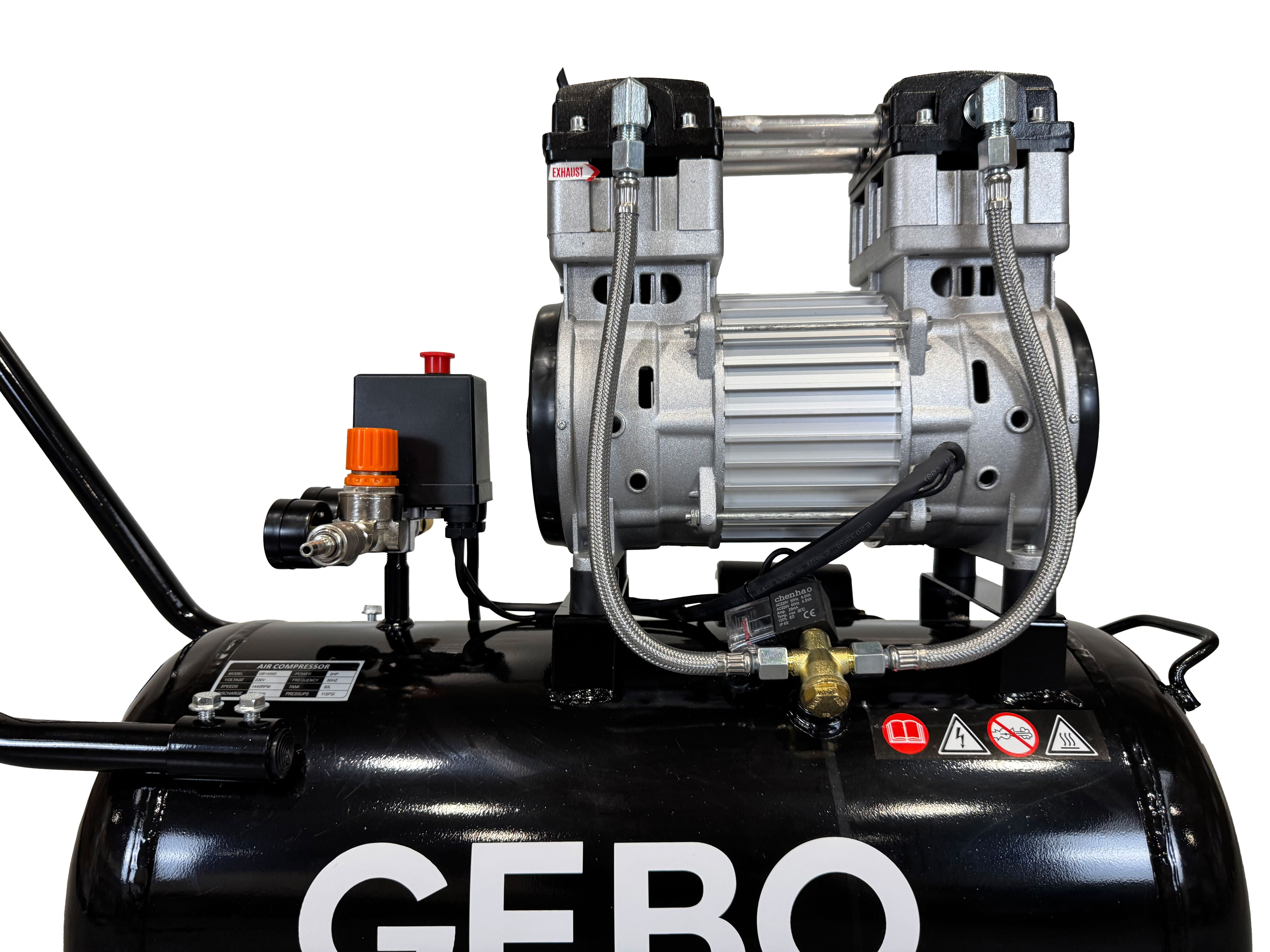 Compressore aria 220 V, 2 HP - compressore silenziato 8 bar - con capacità del serbatoio di 50 litri - senza olio, oil free - per utensili pneumatici, Gebo Tools
