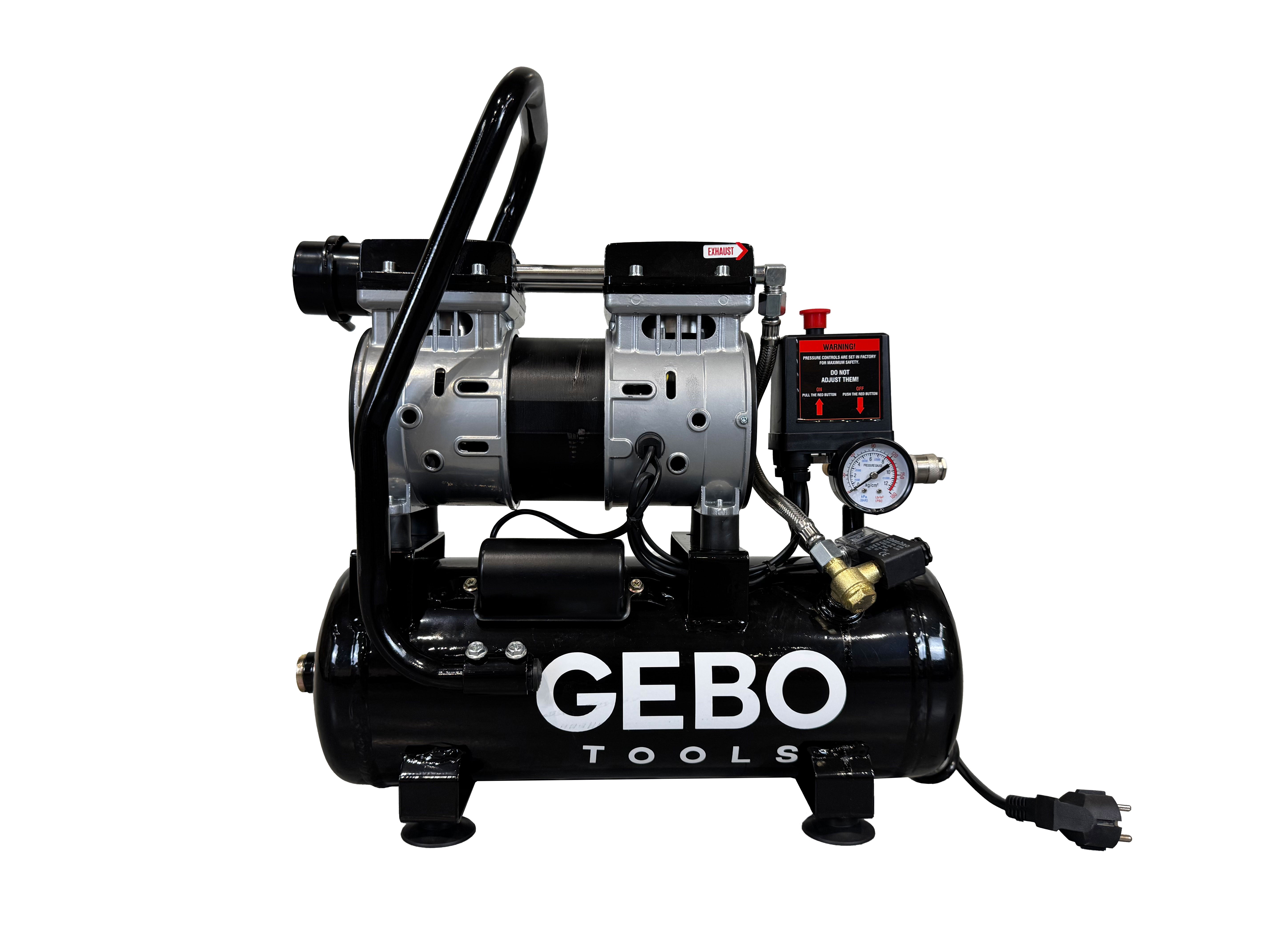 Compressore aria silenziato - con capacità del serbatoio di 9 litri - senza olio, oil free - per utensili pneumatici, Gebo Tools