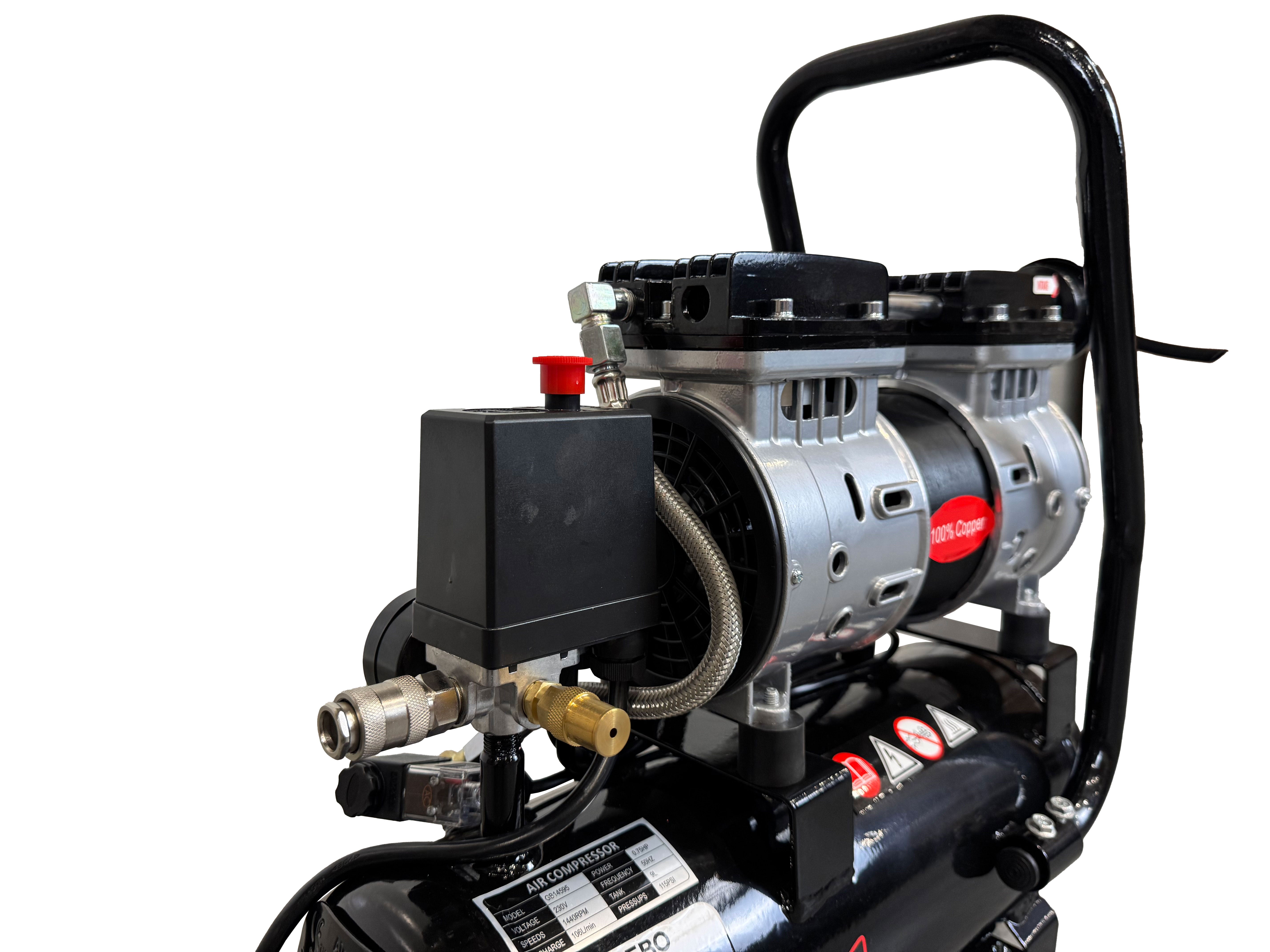 Compressore aria silenziato - con capacità del serbatoio di 9 litri - senza olio, oil free - per utensili pneumatici, Gebo Tools