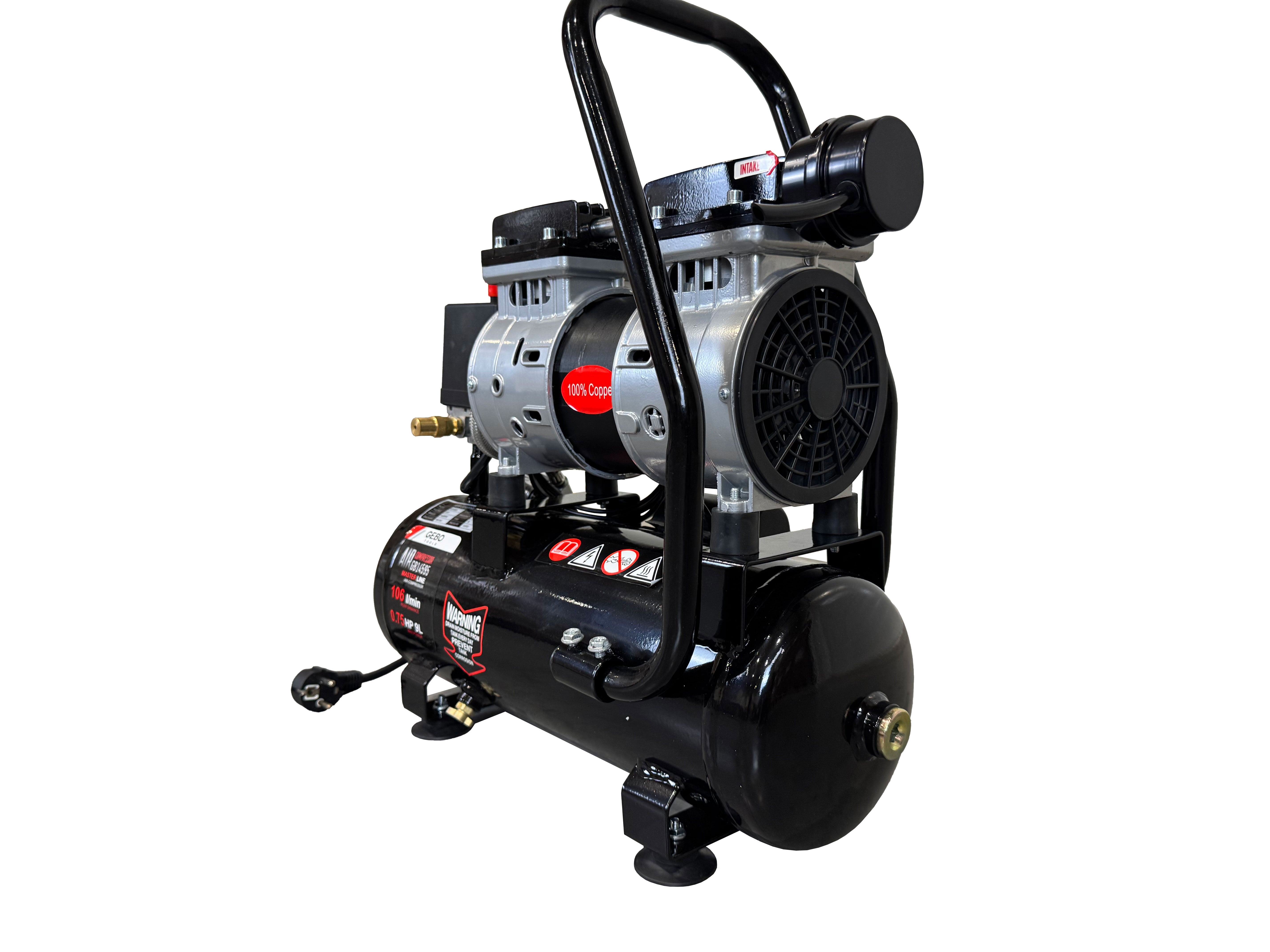 Compressore aria silenziato - con capacità del serbatoio di 9 litri - senza olio, oil free - per utensili pneumatici, Gebo Tools