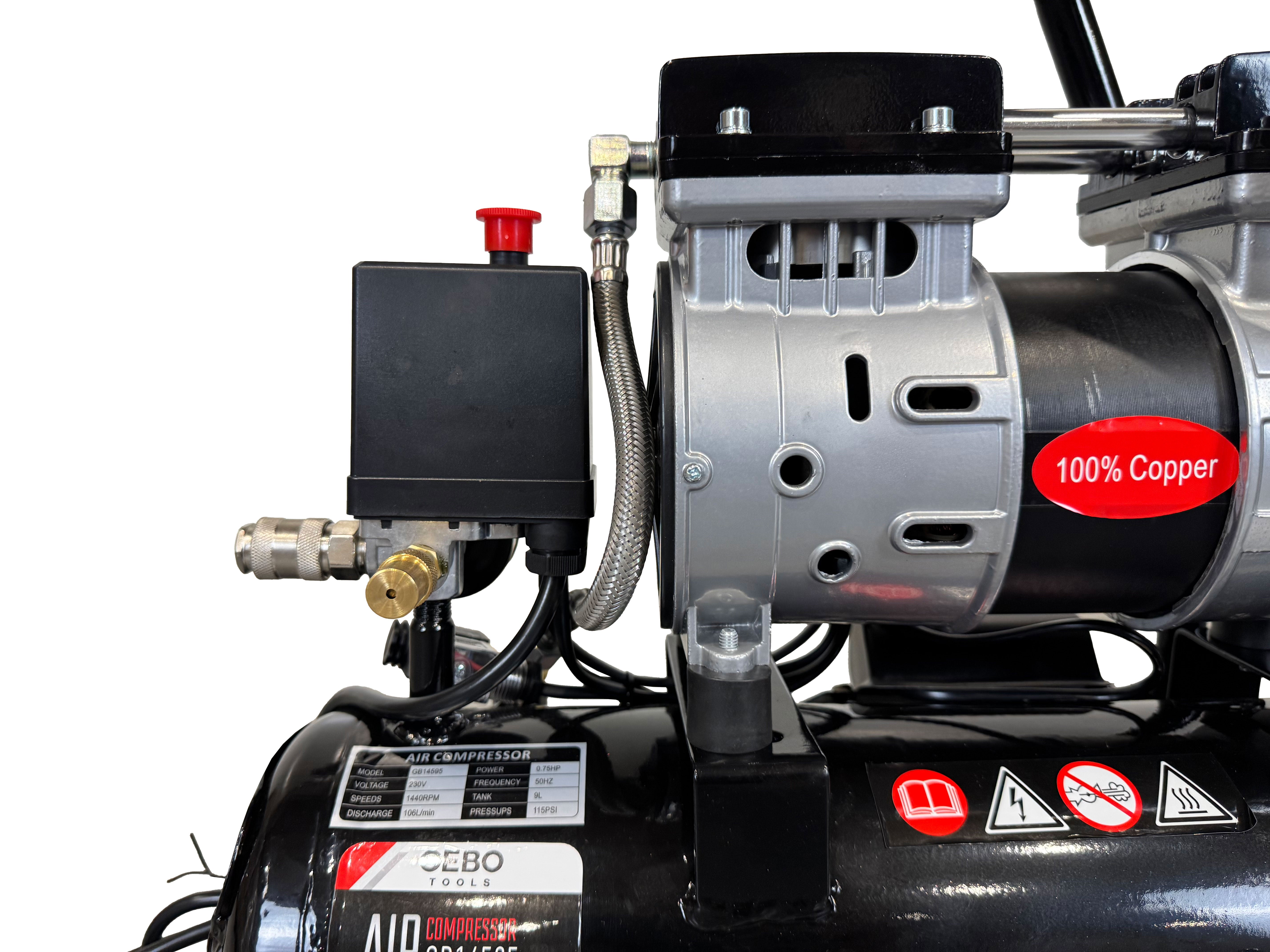 Compressore aria silenziato - con capacità del serbatoio di 9 litri - senza olio, oil free - per utensili pneumatici, Gebo Tools