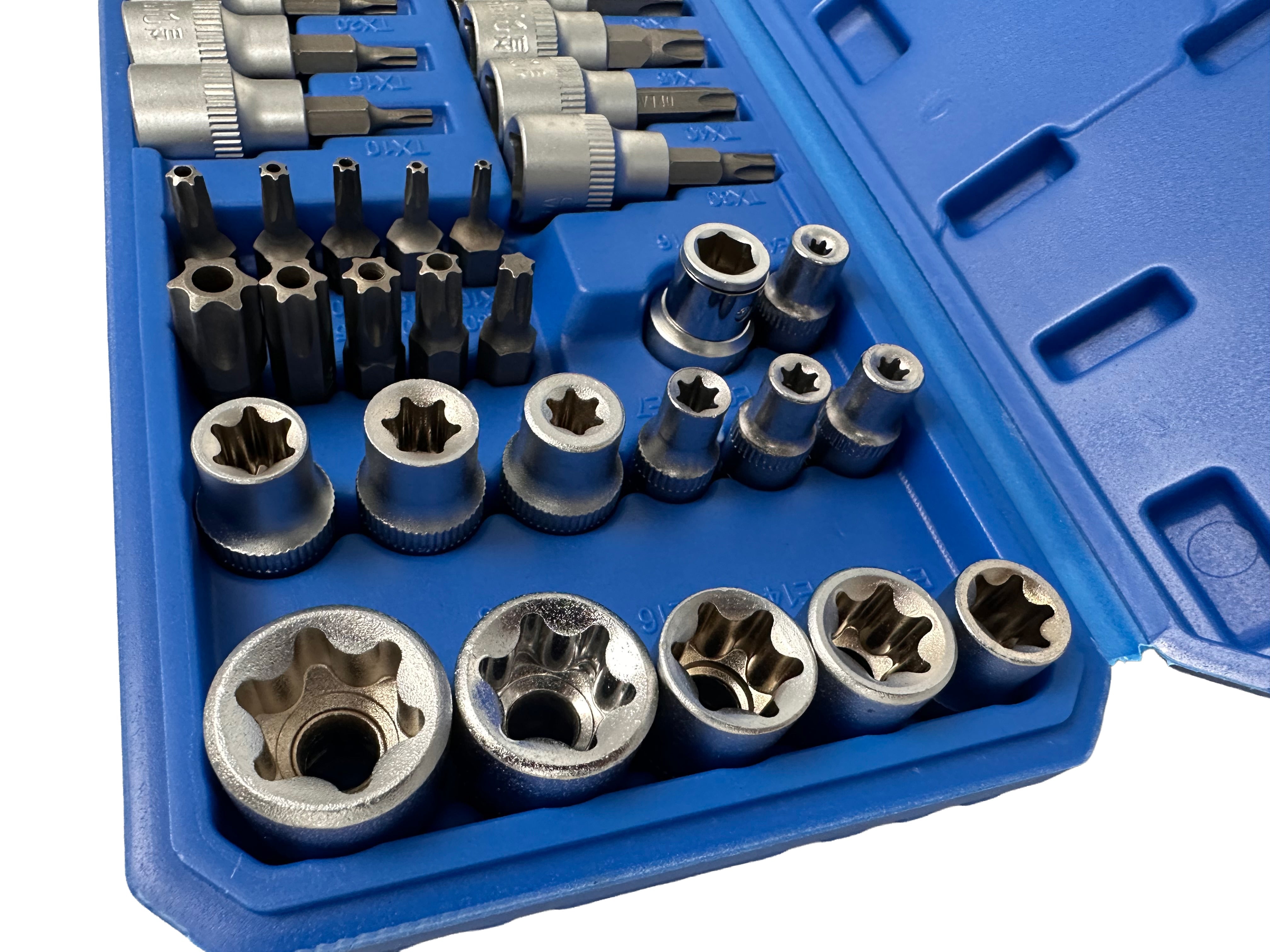 Set di chiavi a bussola Torx E4-E20, T10-T60 femmina e maschio inserti per chiave a bussole con punta, kit set inserti chiavi bussole torx attacco 3/8'' 34 pz, Gebo Tools