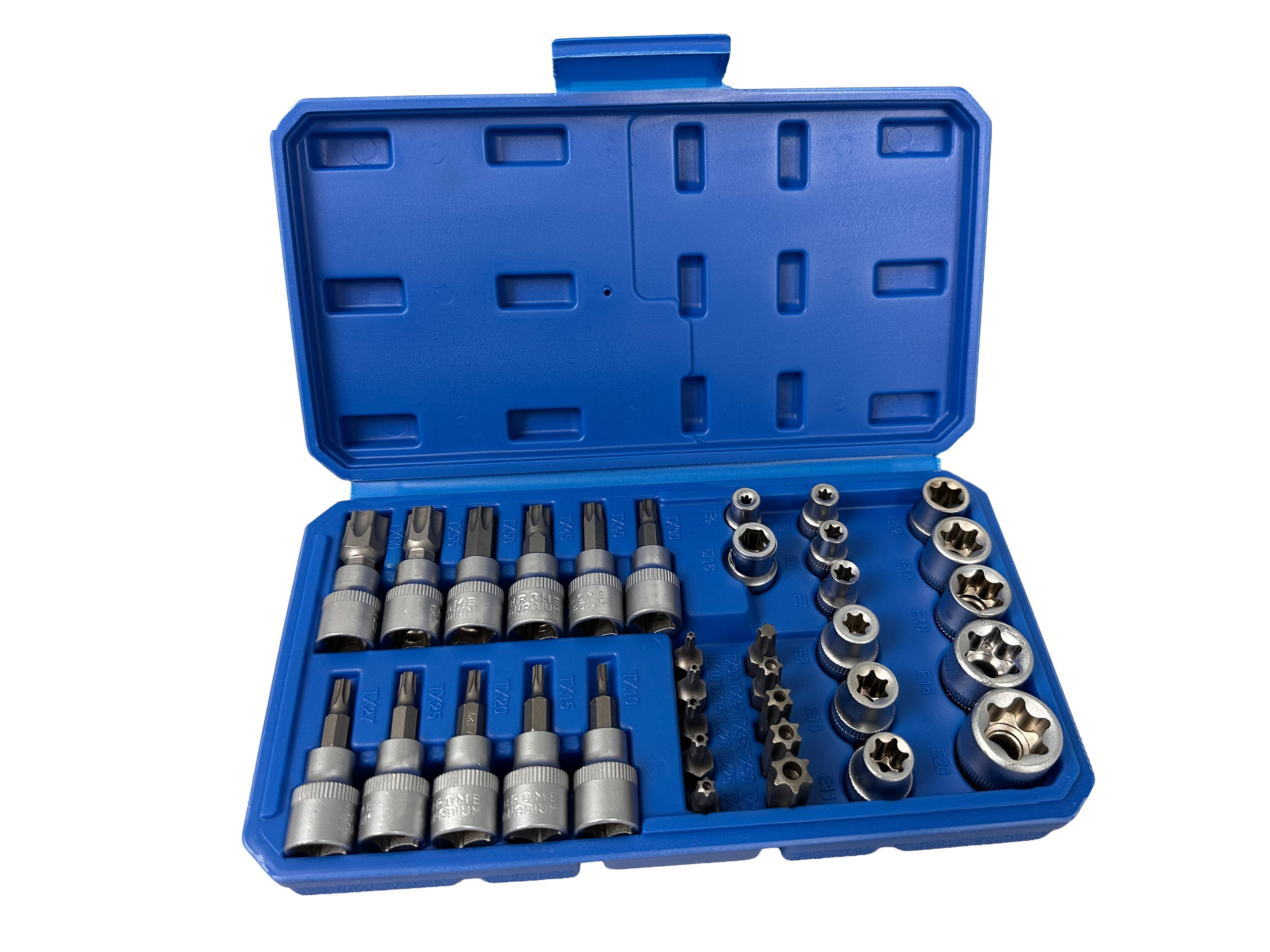 Set di chiavi a bussola Torx E4-E20, T10-T60 femmina e maschio inserti per chiave a bussole con punta, kit set inserti chiavi bussole torx attacco 3/8'' 34 pz, Gebo Tools