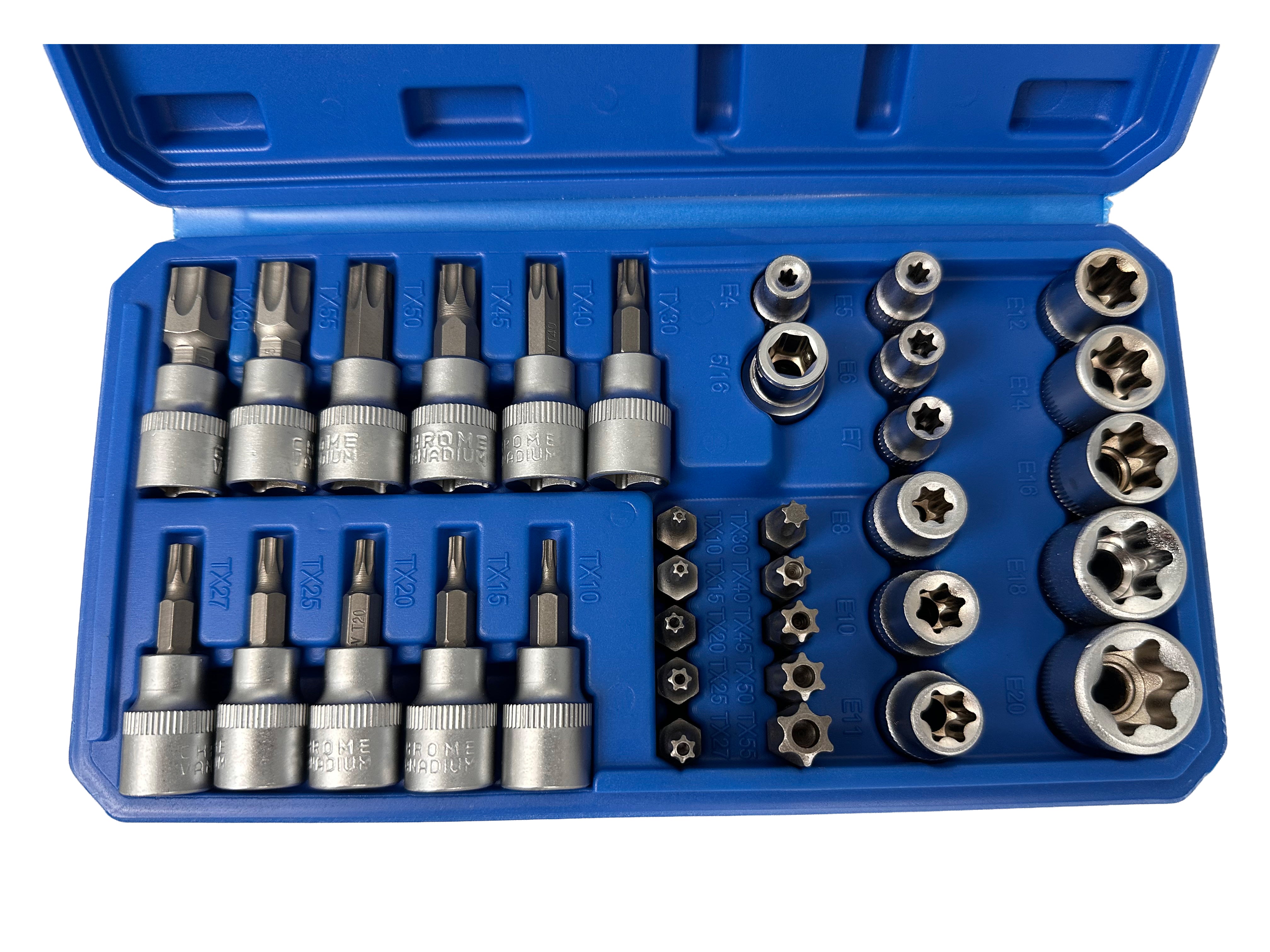 Set di chiavi a bussola Torx E4-E20, T10-T60 femmina e maschio inserti per chiave a bussole con punta, kit set inserti chiavi bussole torx attacco 3/8'' 34 pz, Gebo Tools
