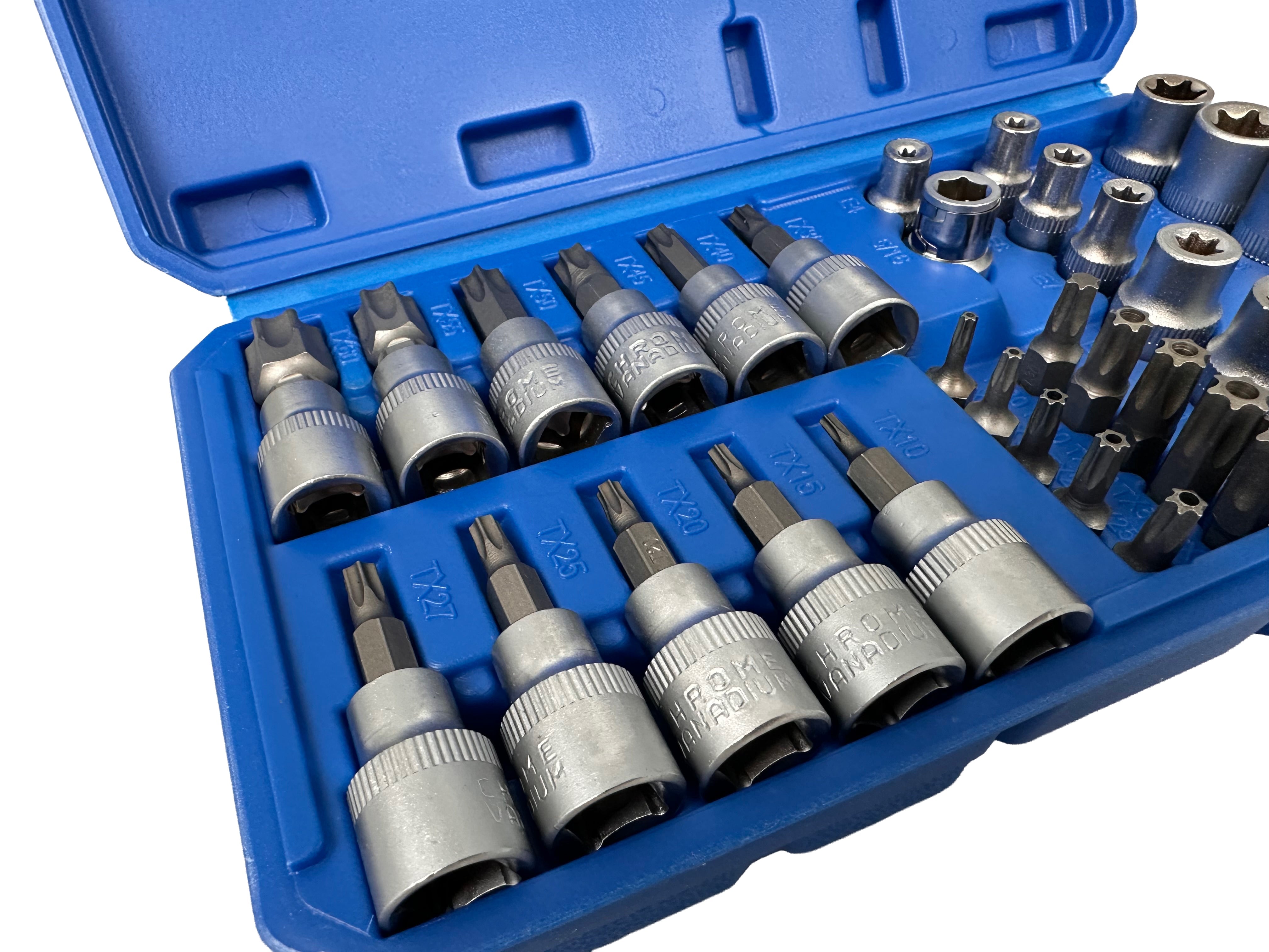 Set di chiavi a bussola Torx E4-E20, T10-T60 femmina e maschio inserti per chiave a bussole con punta, kit set inserti chiavi bussole torx attacco 3/8'' 34 pz, Gebo Tools
