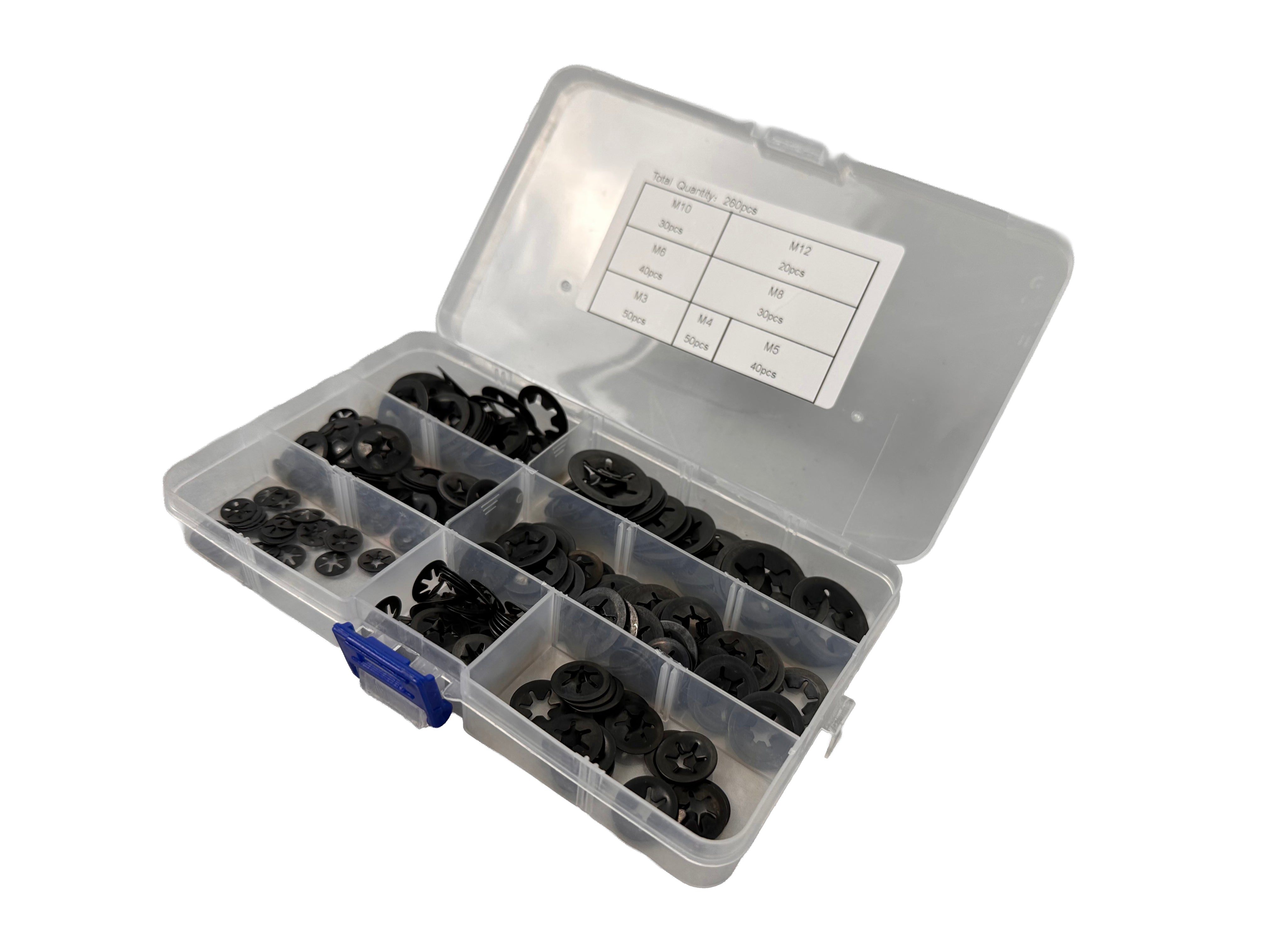Set di rondelle di bloccaggio, rondelle di serraggio con denti interni, anelli di sicurezza con fermo rapido, M3-M12 260 pezzi Gebo Tools