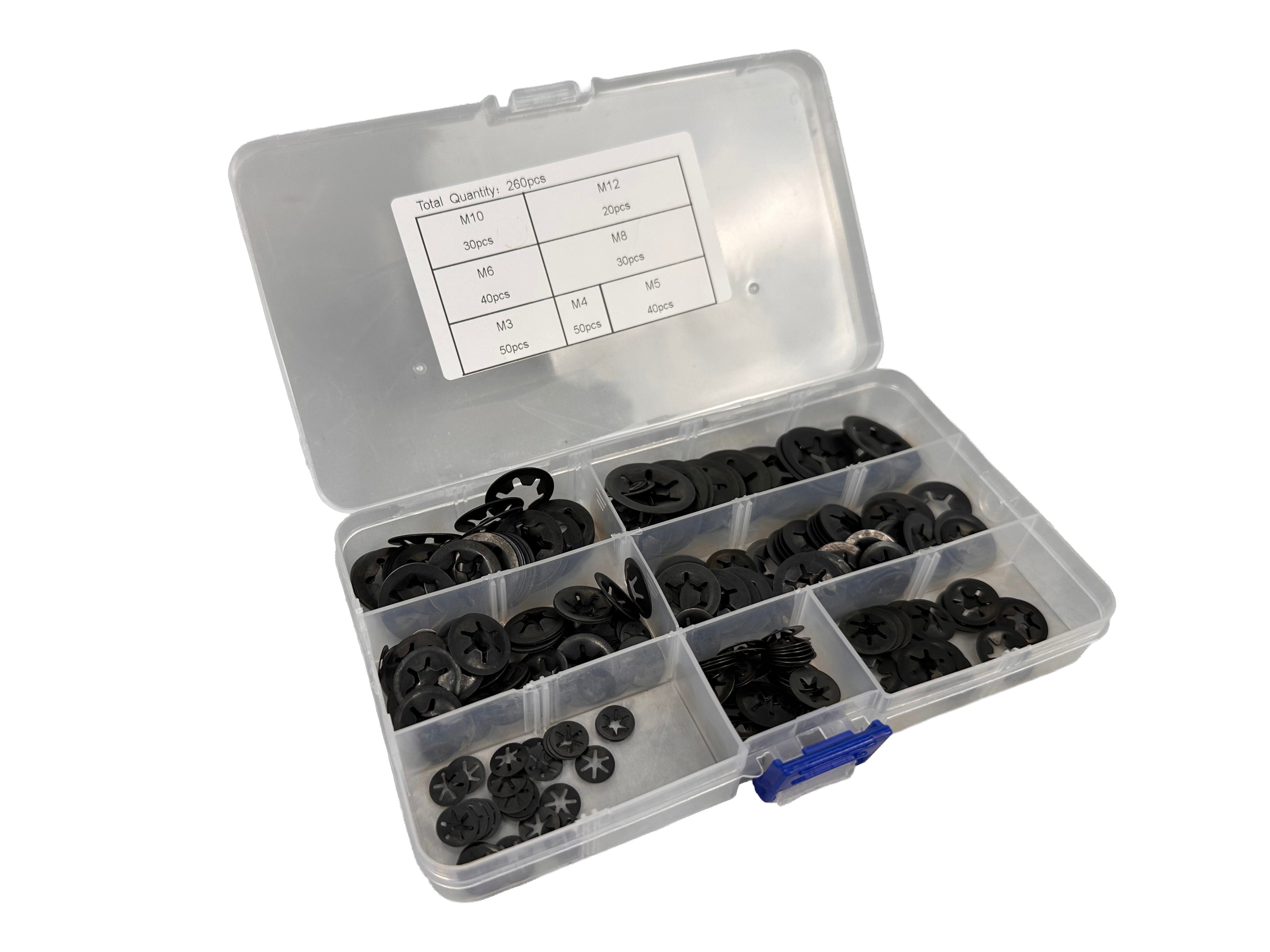 Set di rondelle di bloccaggio, rondelle di serraggio con denti interni, anelli di sicurezza con fermo rapido, M3-M12 260 pezzi Gebo Tools