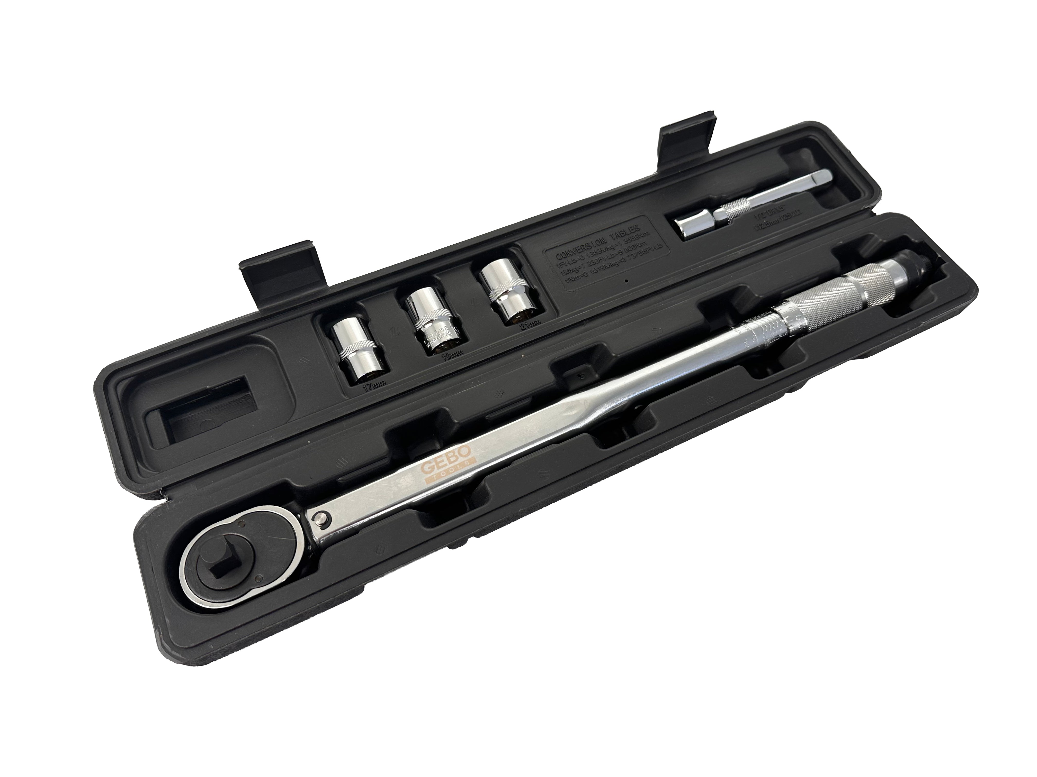 Set chiave dinamometrica 1/2", 5 pezzi, 28-210 Nm, bussole a impatto 1/2" 17 19 21mm, prolunga 1/2" Gebo Tools