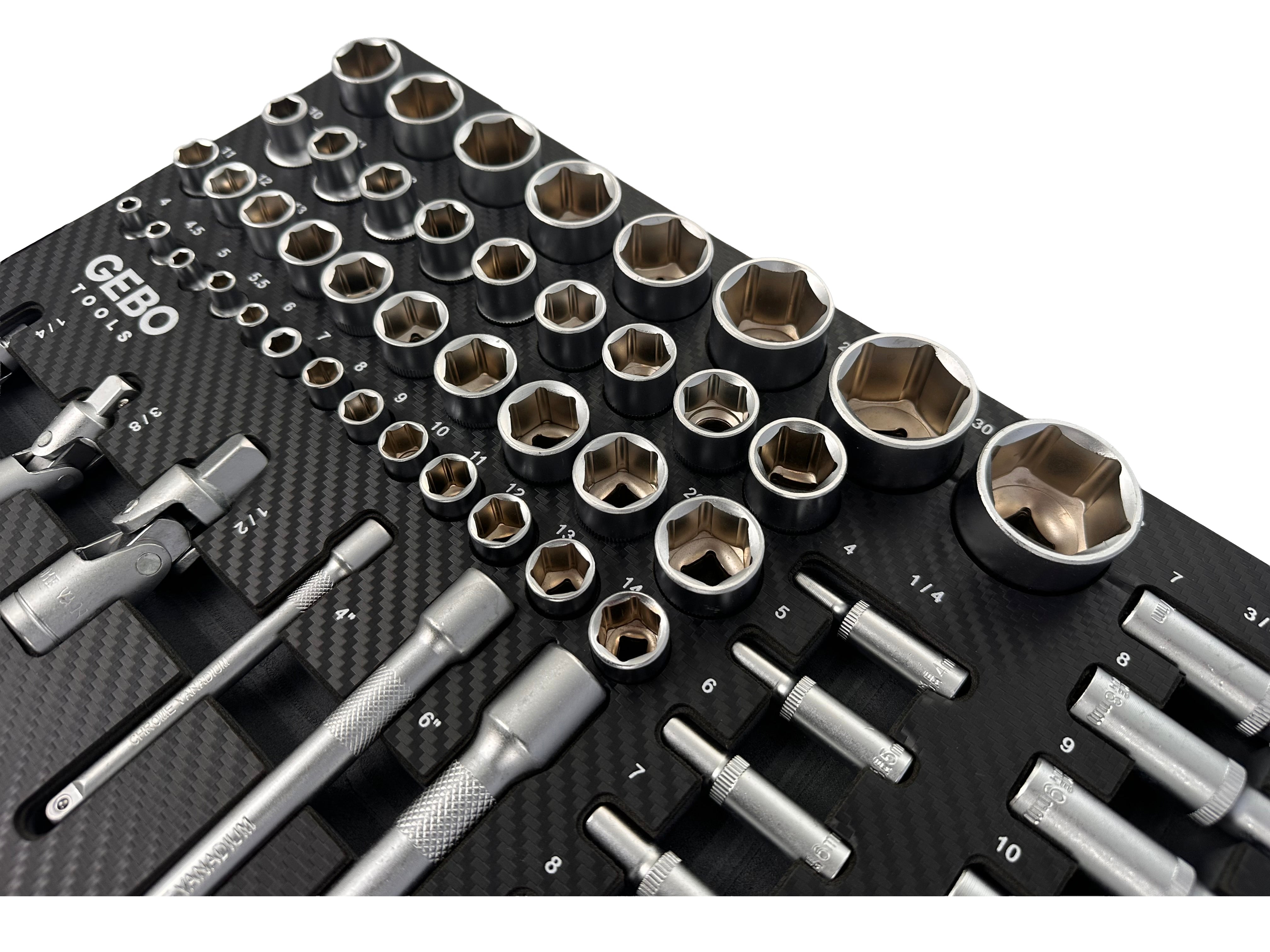 Set di bussole da 81 pezzi con inserto in schiuma per carrello portautensili, schiuma espansa, schiuma a forma di cubo, modulo per carrelli porta attrezzi, Gebo Tools