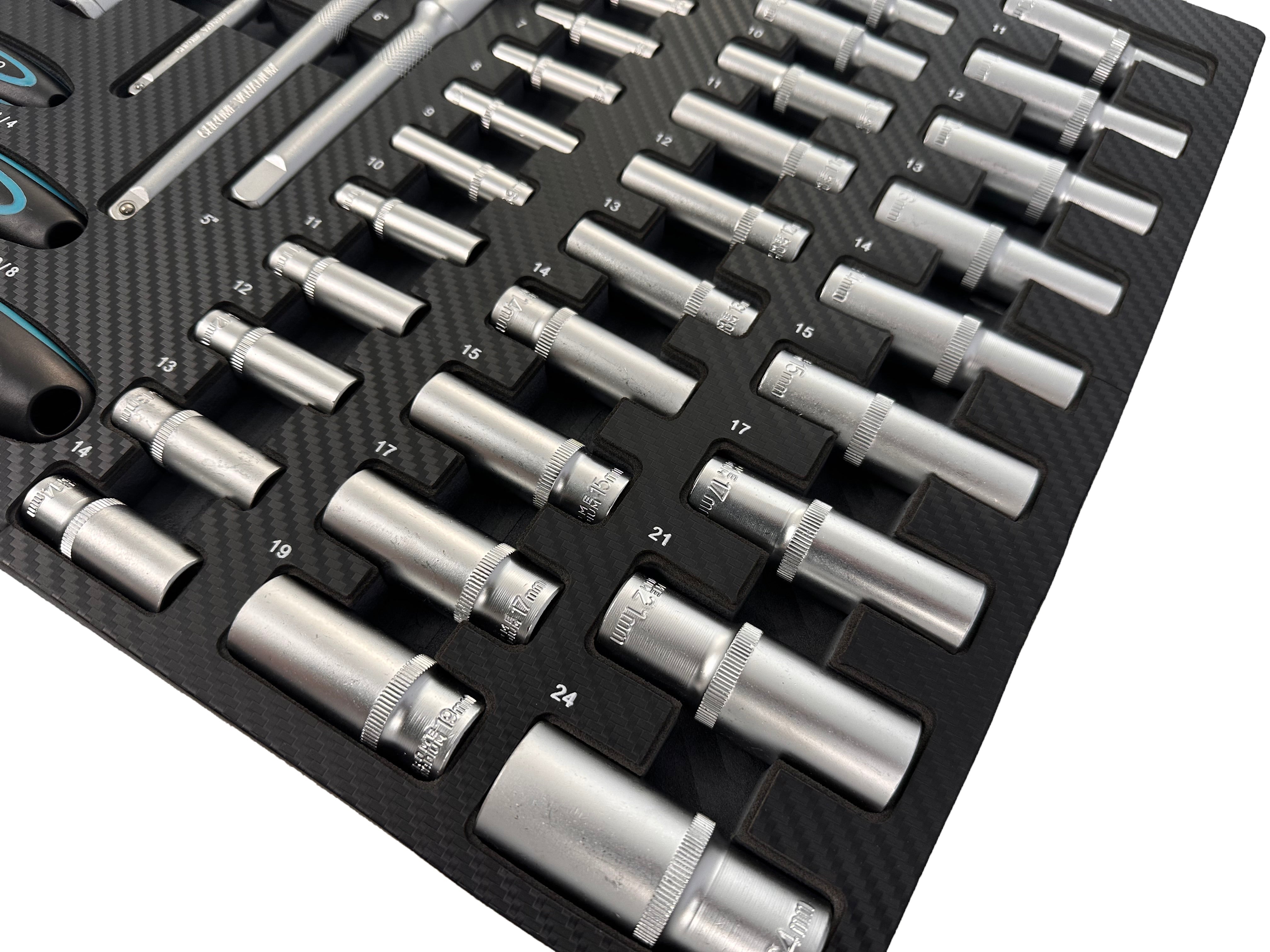 Set di bussole da 81 pezzi con inserto in schiuma per carrello portautensili, schiuma espansa, schiuma a forma di cubo, modulo per carrelli porta attrezzi, Gebo Tools