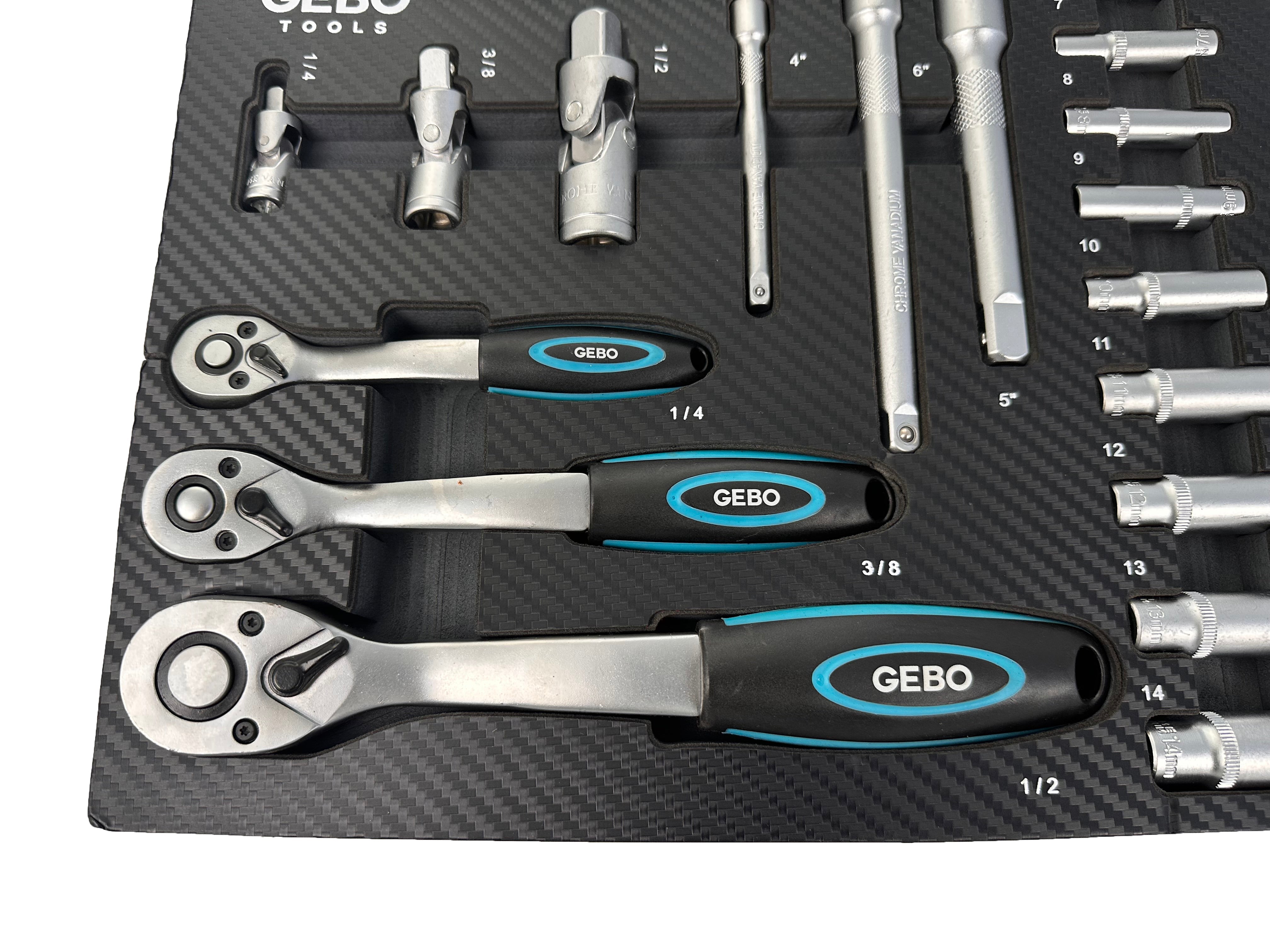 Set di bussole da 81 pezzi con inserto in schiuma per carrello portautensili, schiuma espansa, schiuma a forma di cubo, modulo per carrelli porta attrezzi, Gebo Tools