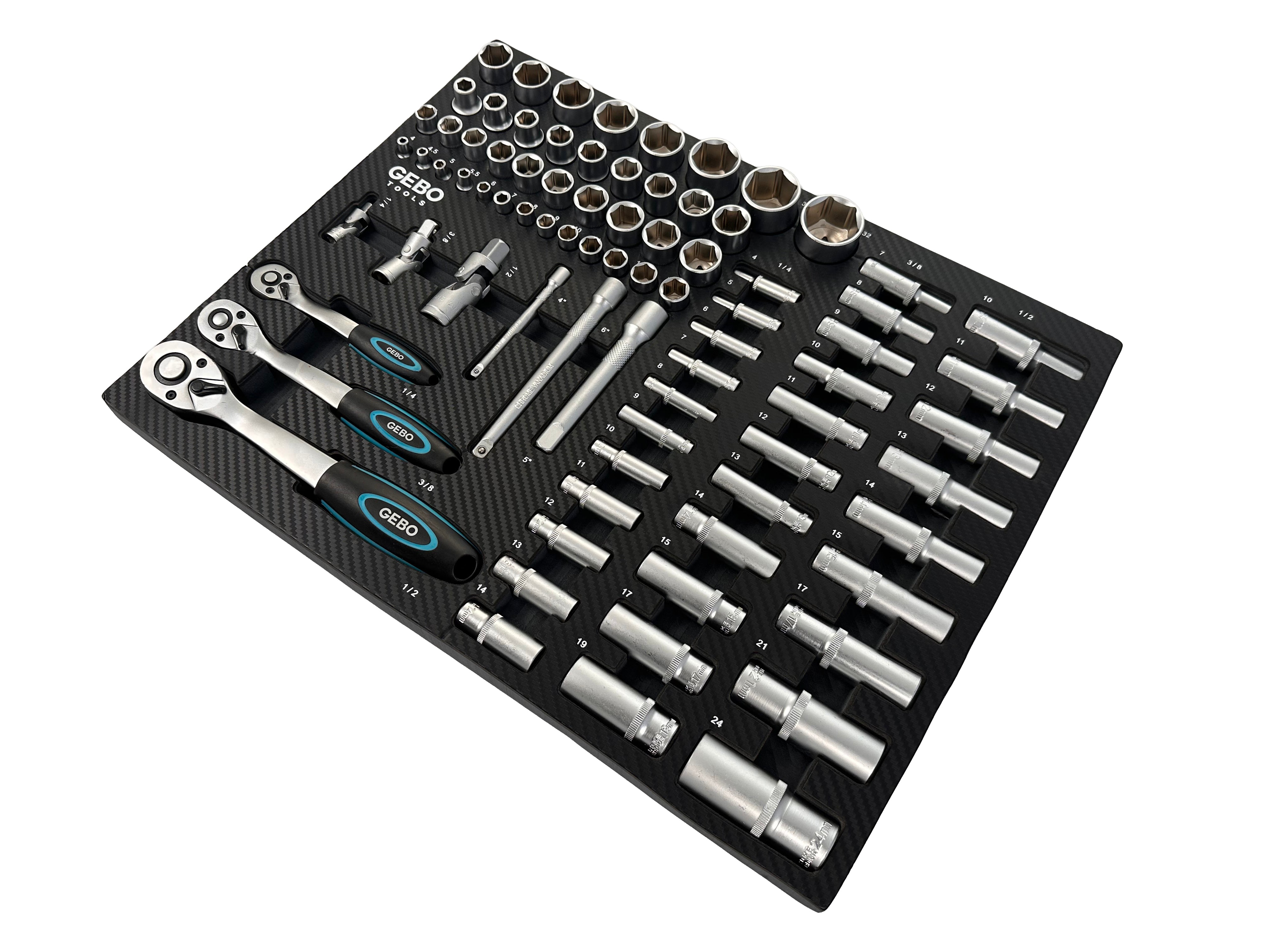 Set di bussole da 81 pezzi con inserto in schiuma per carrello portautensili, schiuma espansa, schiuma a forma di cubo, modulo per carrelli porta attrezzi, Gebo Tools