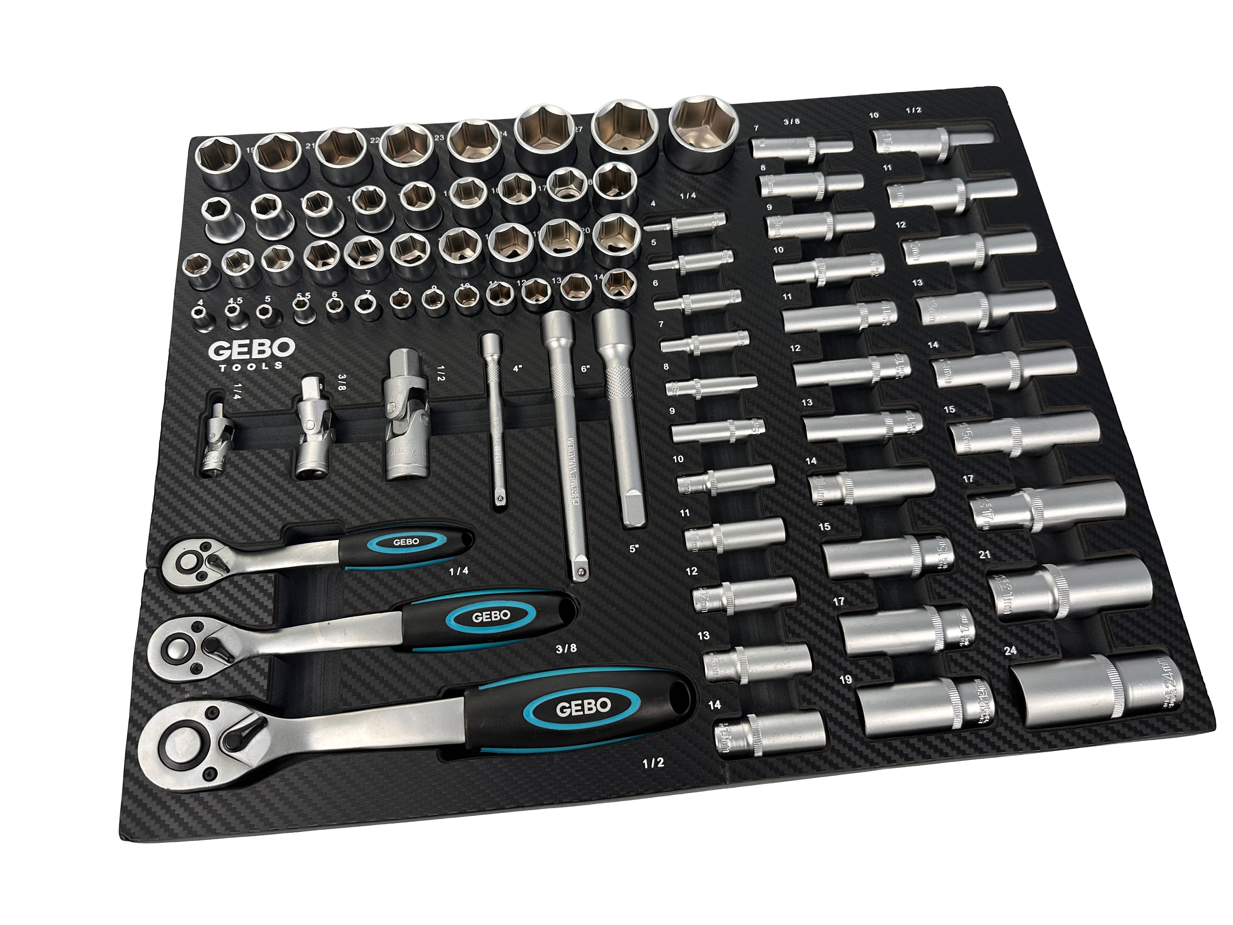 Set di bussole da 81 pezzi con inserto in schiuma per carrello portautensili, schiuma espansa, schiuma a forma di cubo, modulo per carrelli porta attrezzi, Gebo Tools