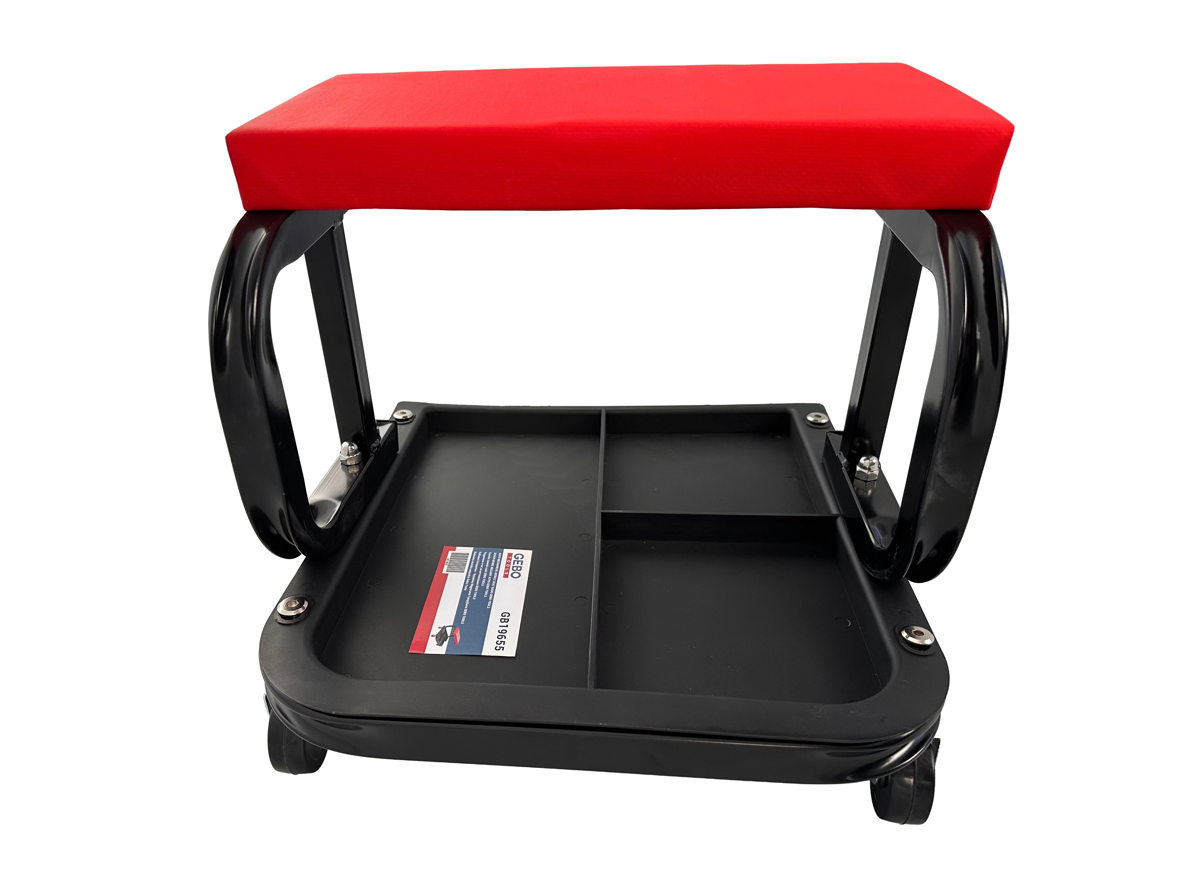 Sgabello per officina con ruote, sgabello di montaggio, carrello meccanico con ripiano porta-attrezzi a 3 scomparti, sgabello da officina su ruote, sgabello meccanico garage, Gebo Tools