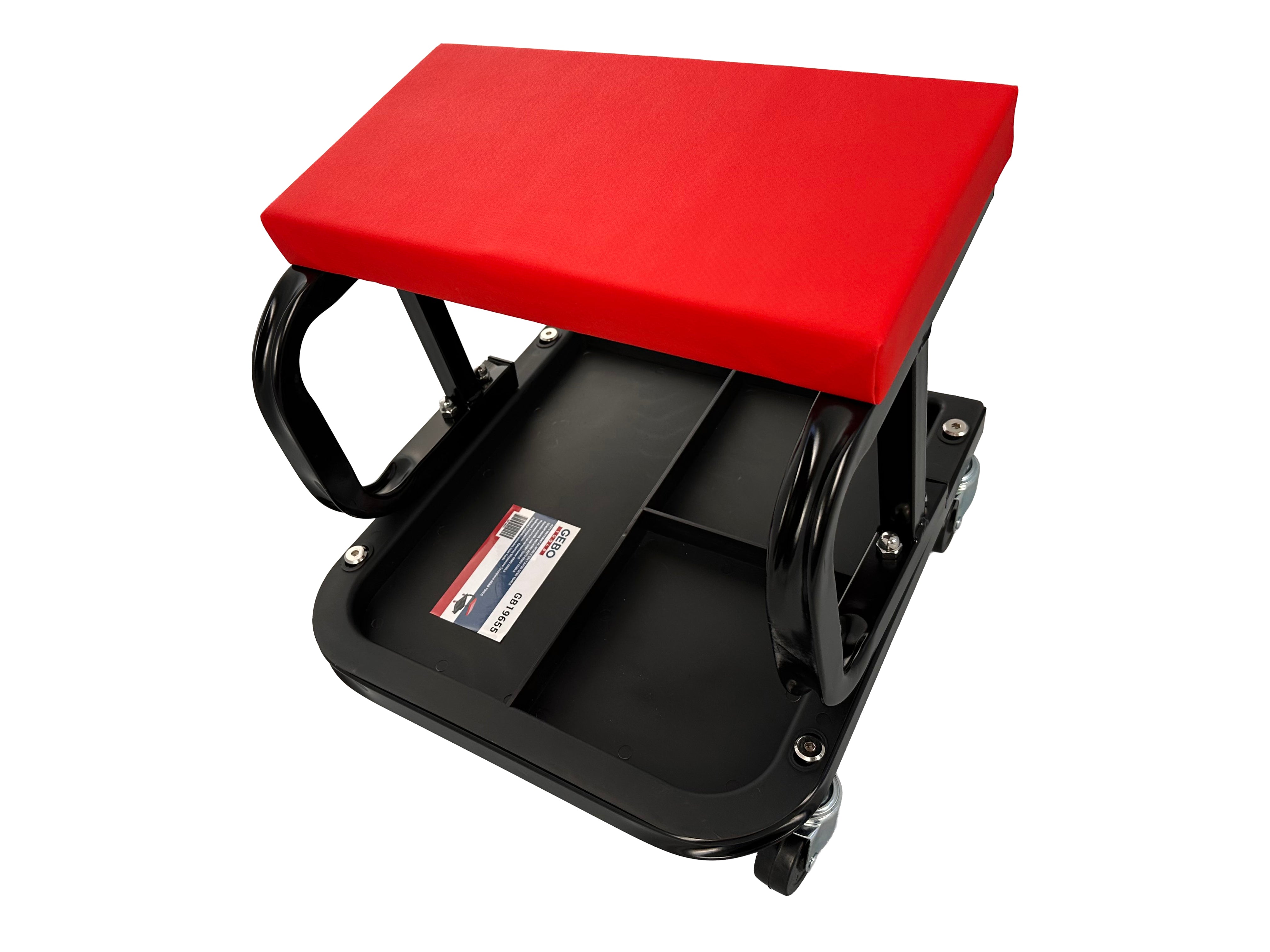 Sgabello per officina con ruote, sgabello di montaggio, carrello meccanico con ripiano porta-attrezzi a 3 scomparti, sgabello da officina su ruote, sgabello meccanico garage, Gebo Tools