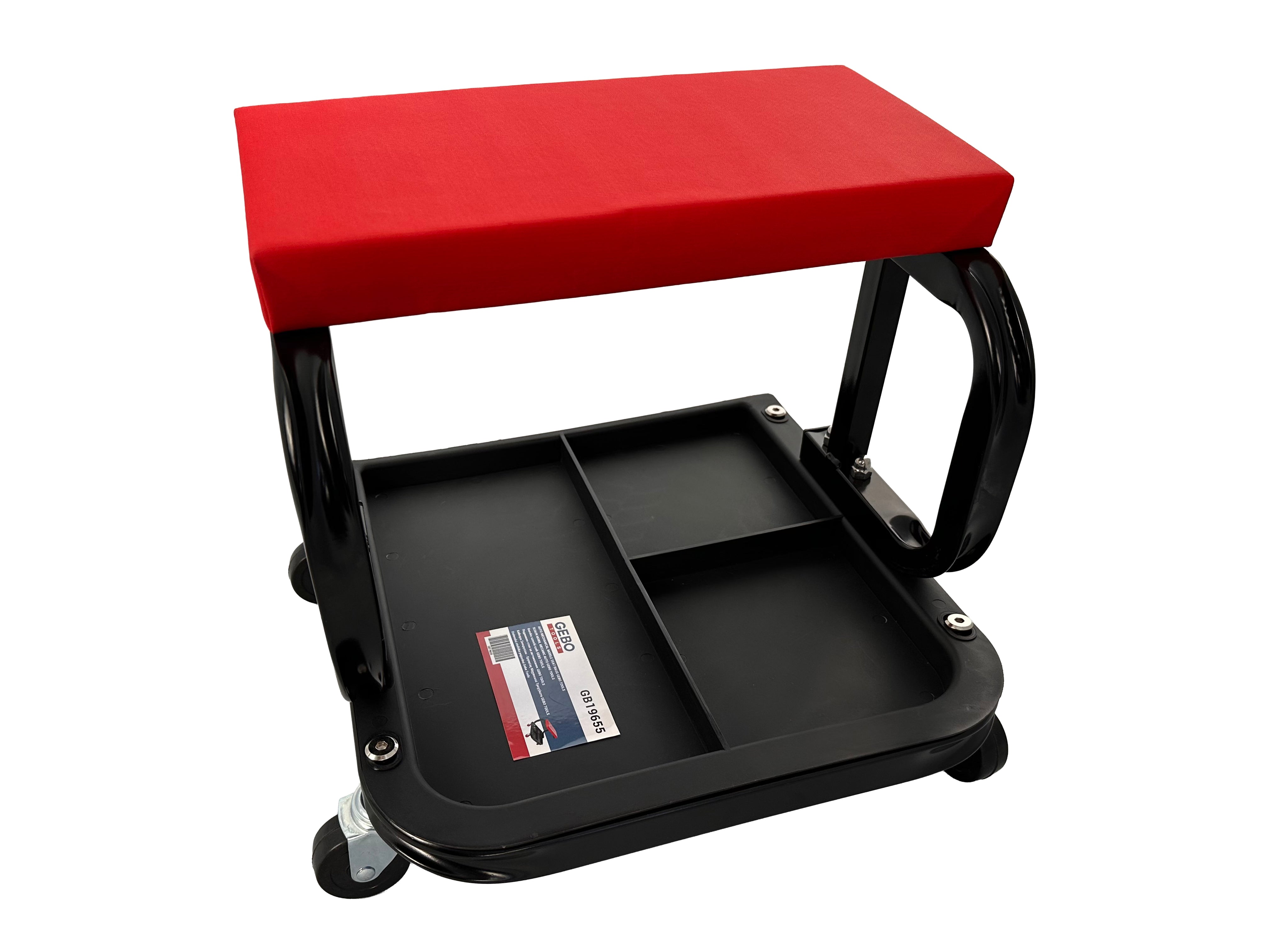 Sgabello per officina con ruote, sgabello di montaggio, carrello meccanico con ripiano porta-attrezzi a 3 scomparti, sgabello da officina su ruote, sgabello meccanico garage, Gebo Tools