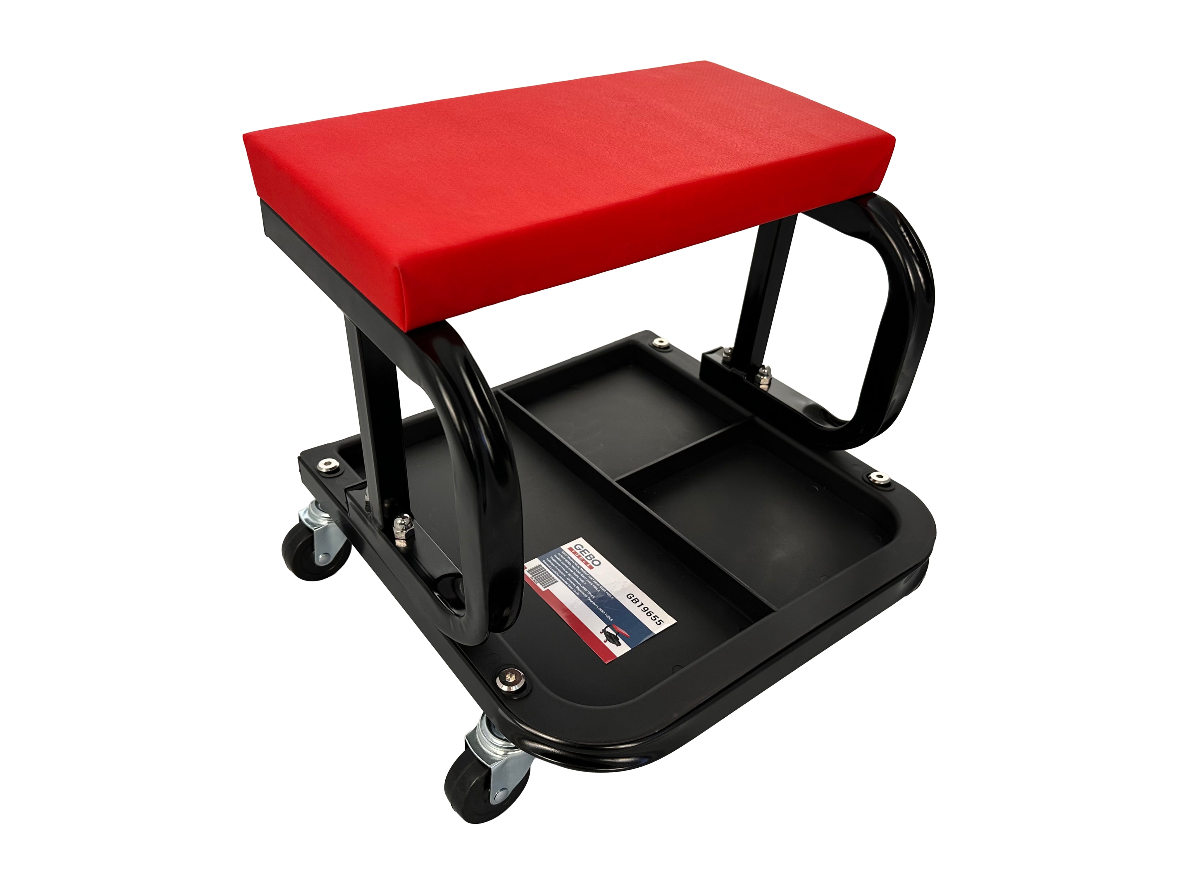 Sgabello per officina con ruote, sgabello di montaggio, carrello meccanico con ripiano porta-attrezzi a 3 scomparti, sgabello da officina su ruote, sgabello meccanico garage, Gebo Tools