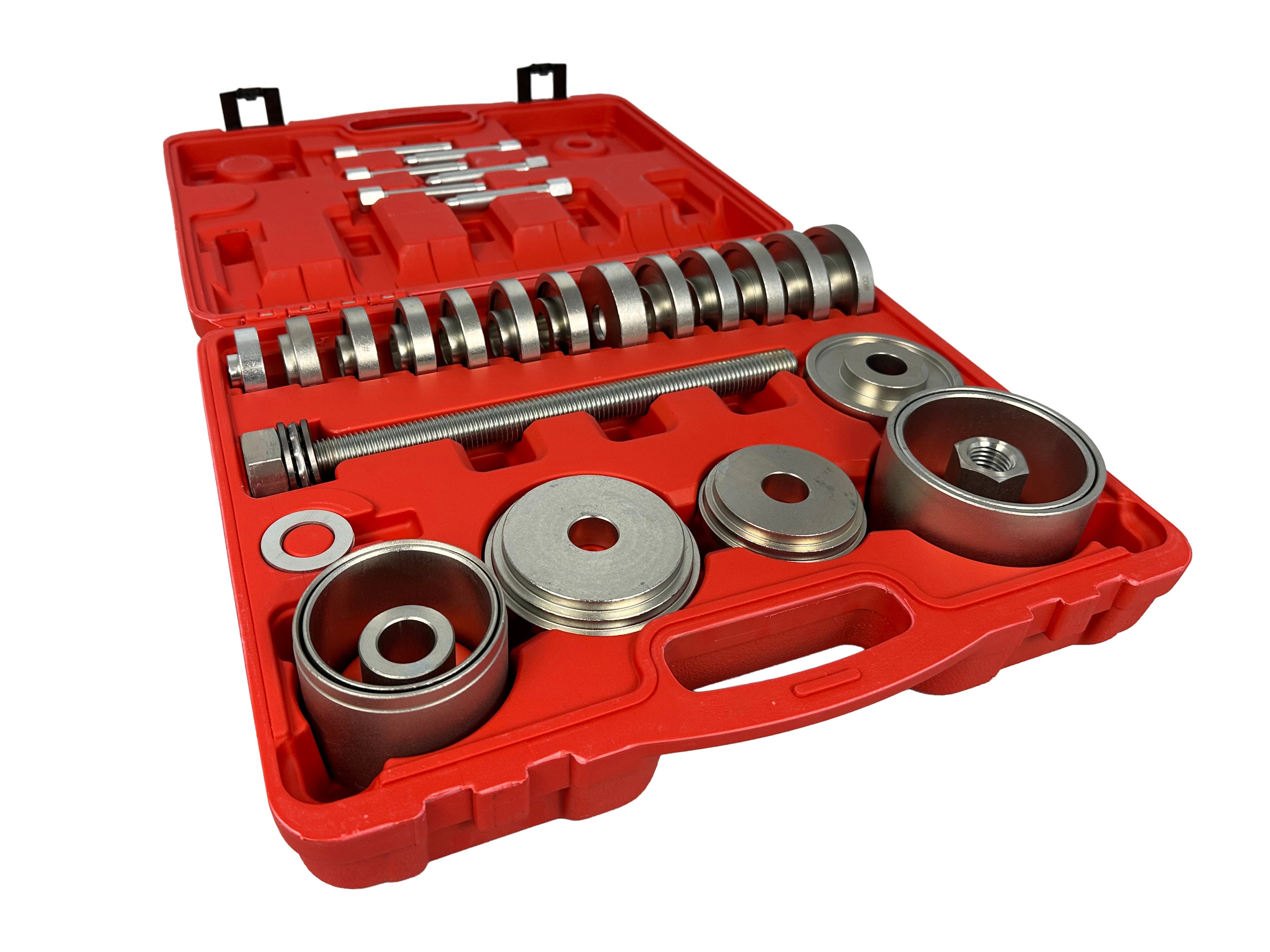 Set pressa estrattore boccole e cuscinetti mozzi ruota, fusello portamozzo con adattatori 50-102 mm, 34 pezzi Gebo Tools
