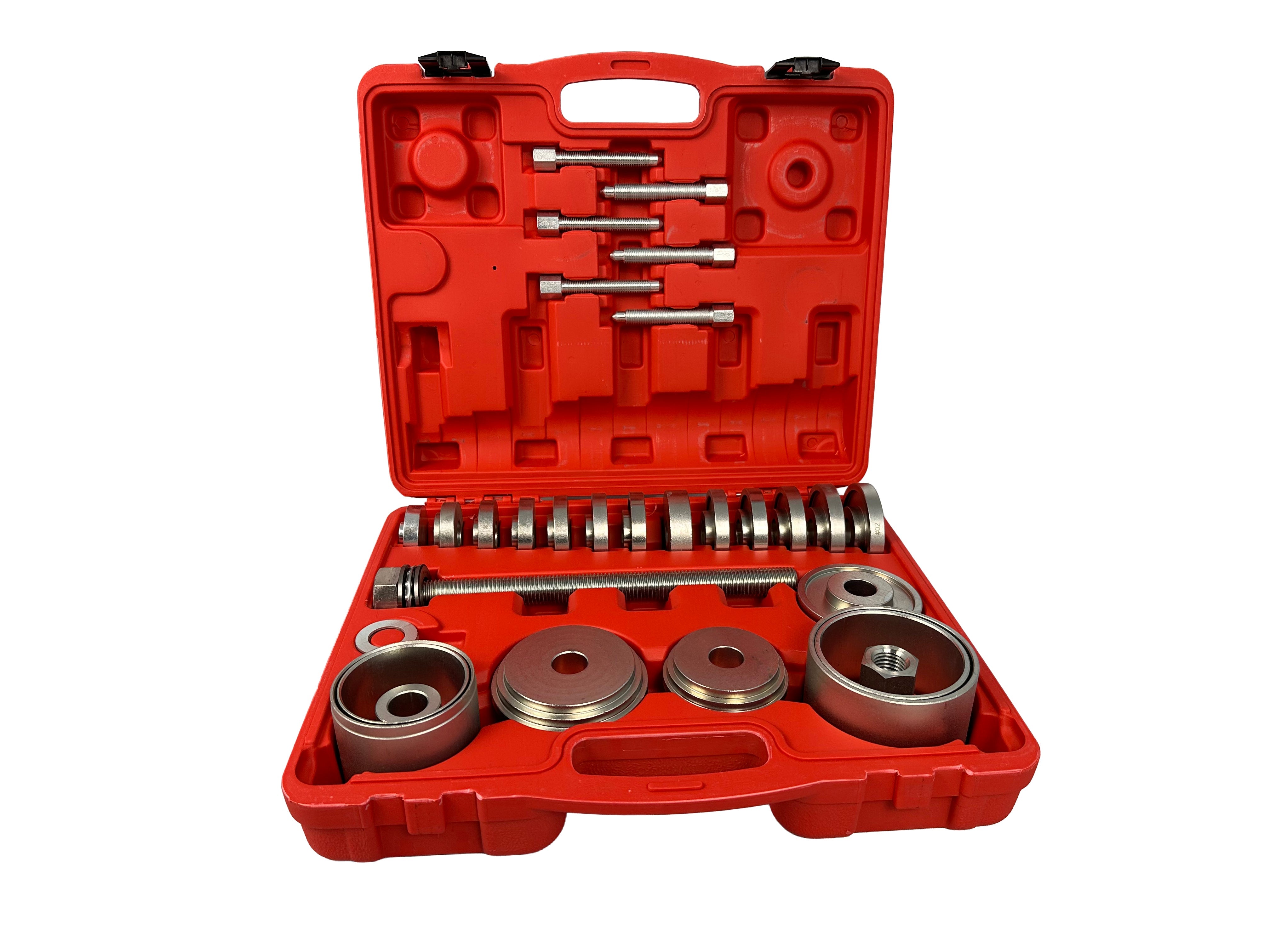 Set pressa estrattore boccole e cuscinetti mozzi ruota, fusello portamozzo con adattatori 50-102 mm, 34 pezzi Gebo Tools