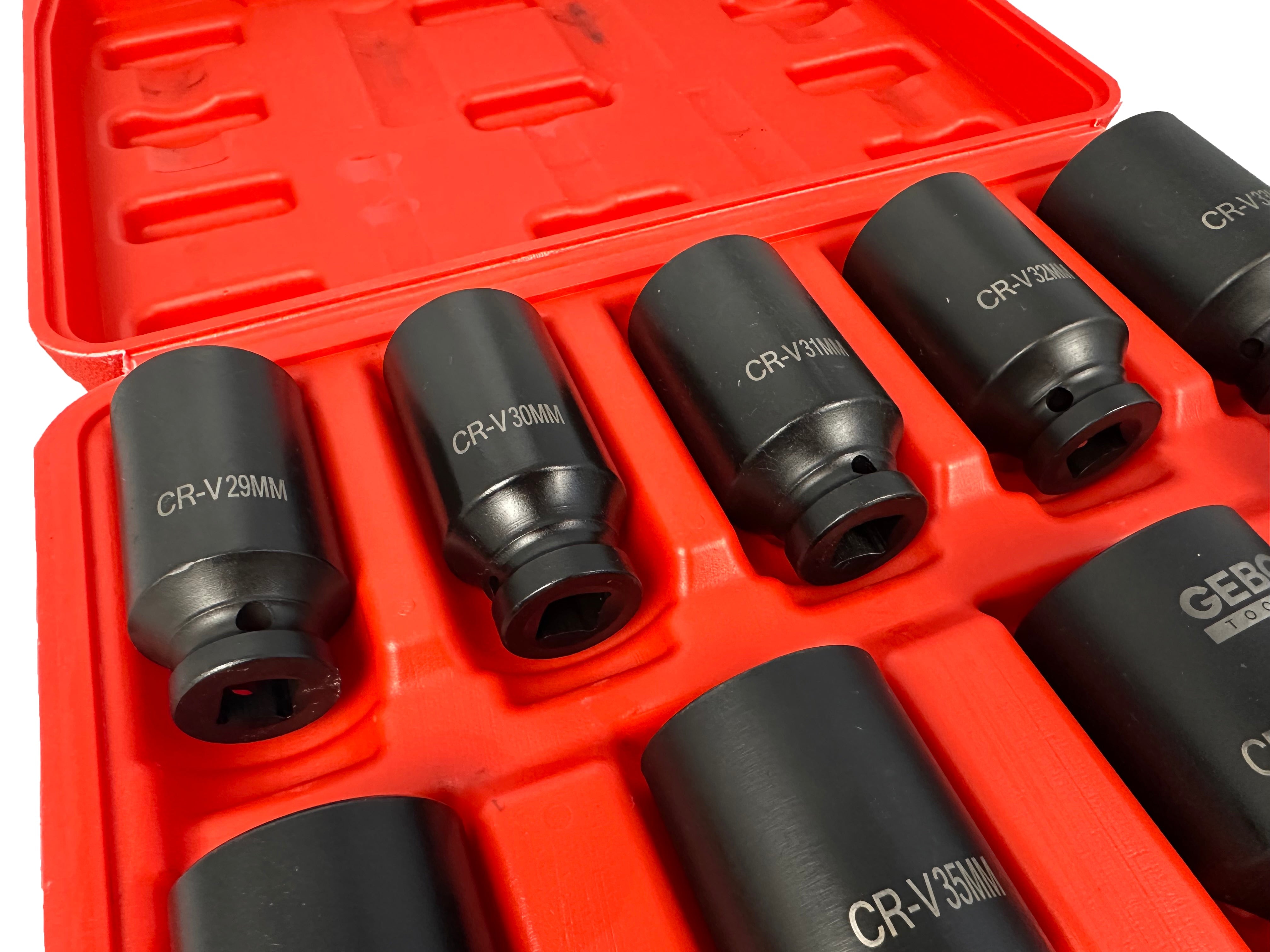 Set di chiavi e bussole a impatto, per ingranaggio planetario motore, 1/2" esagonali, 9 pezzi 29-38 mm Gebo Tools