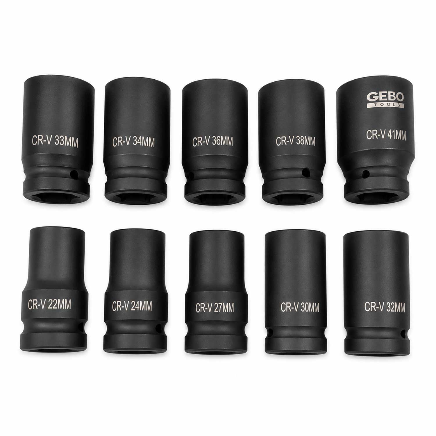 Set-kit bussole a impatto lunghe, 1", 22-41 mm, per riparazioni auto e cambio gomme,10 pezzi Gebo Tools