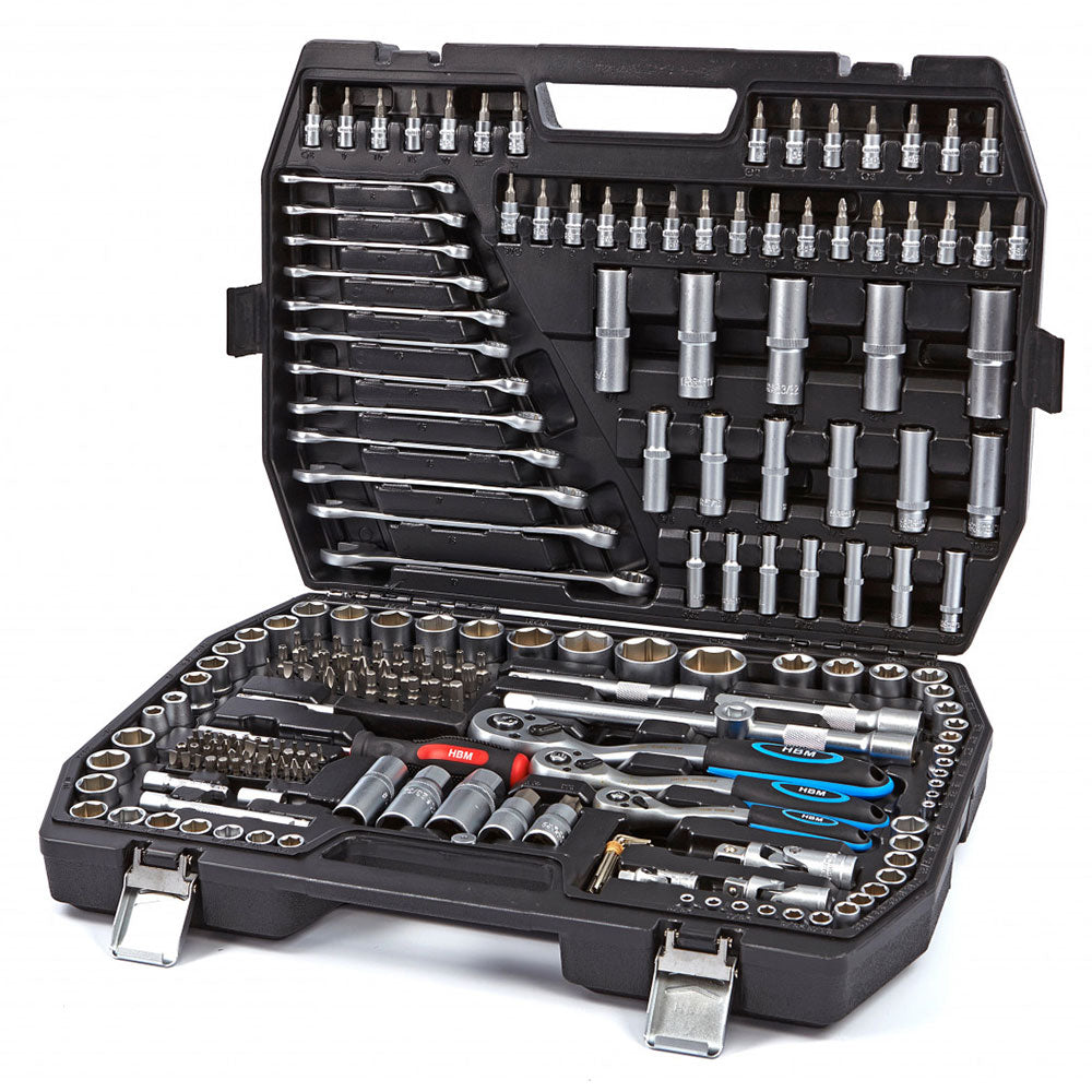 Valigetta utensili professionale 216 pezzi, serie di chiavi a bussola in Cr-V, torx cricchetti, prolunghe, kit attrezzi per auto, officina fai-da-te con attacchi 1/2" 3/8" 1/4", Hbm Olanda