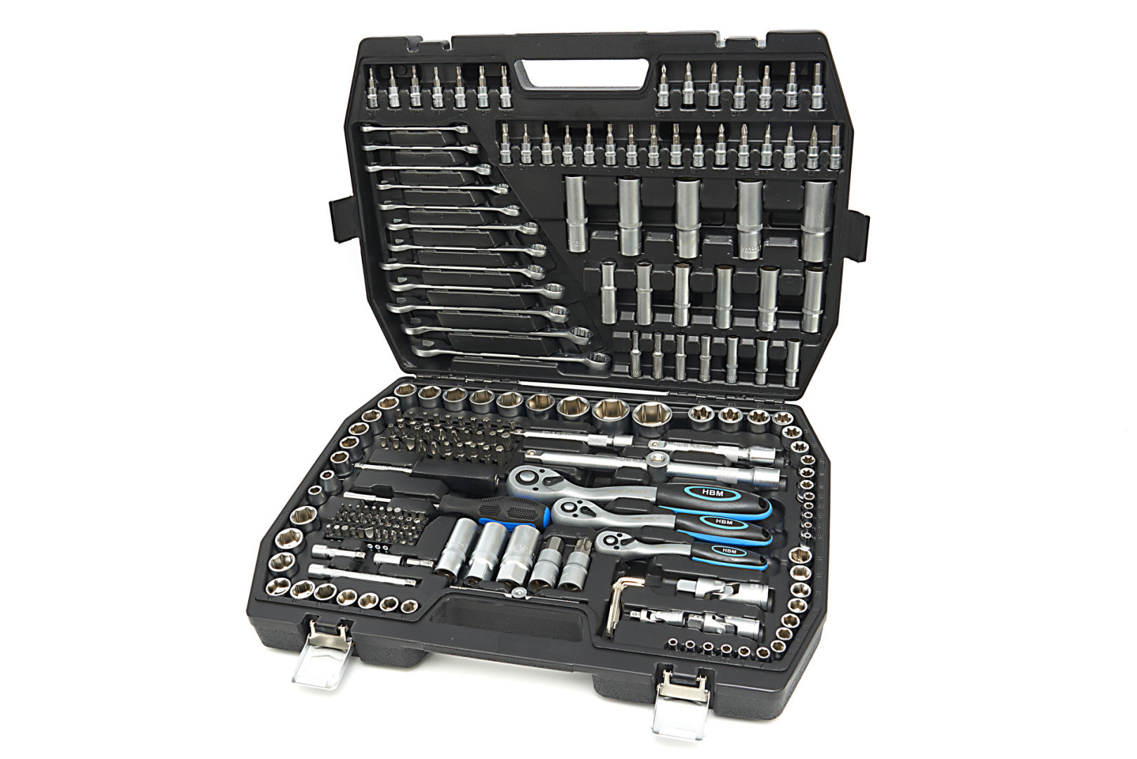 Valigetta utensili professionale 216 pezzi, serie di chiavi a bussola in Cr-V, torx cricchetti, prolunghe, kit attrezzi per auto, officina fai-da-te con attacchi 1/2" 3/8" 1/4", Hbm Olanda