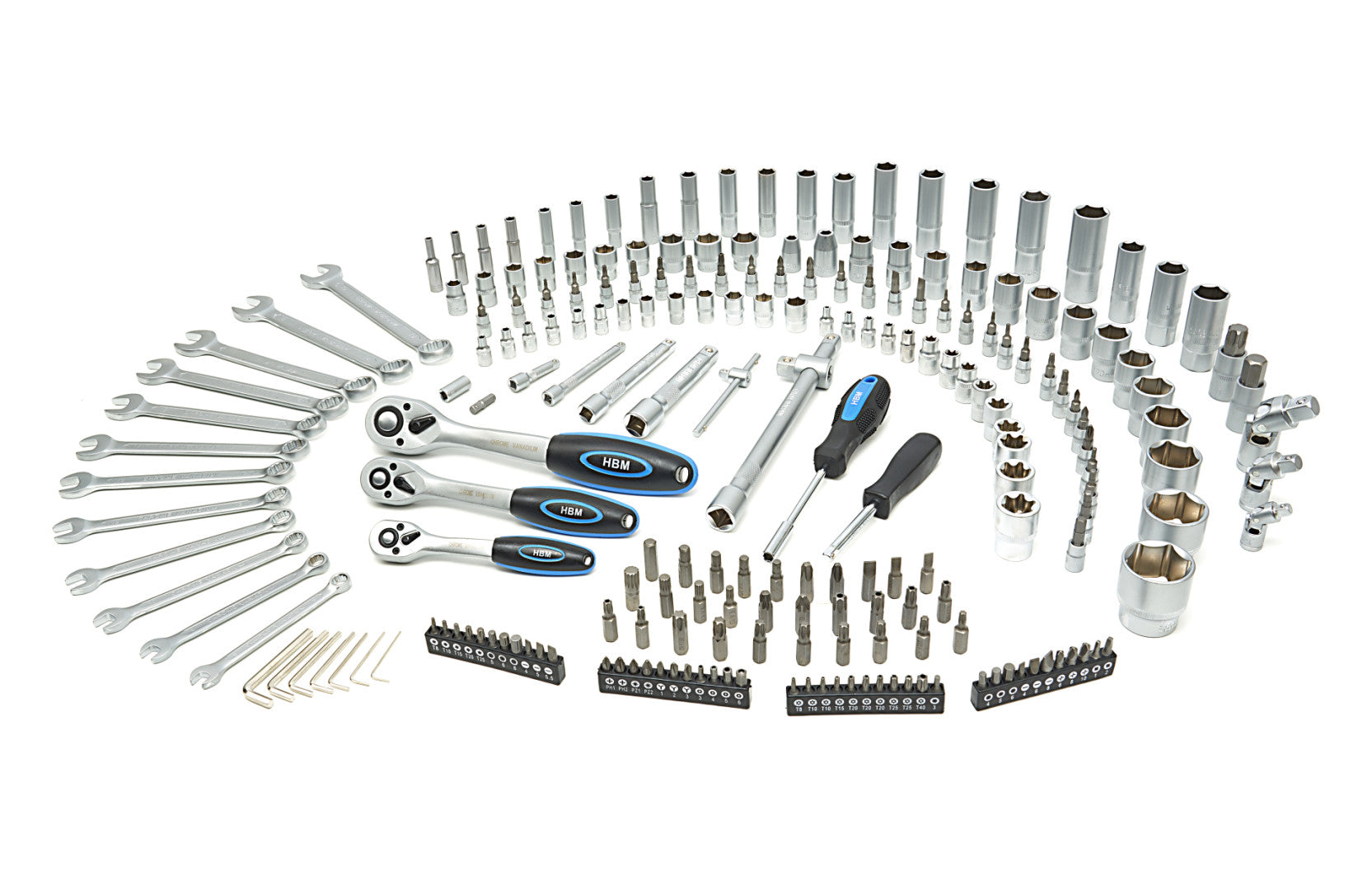 Valigetta utensili professionale 216 pezzi, serie di chiavi a bussola in Cr-V, torx cricchetti, prolunghe, kit attrezzi per auto, officina fai-da-te con attacchi 1/2" 3/8" 1/4", Hbm Olanda