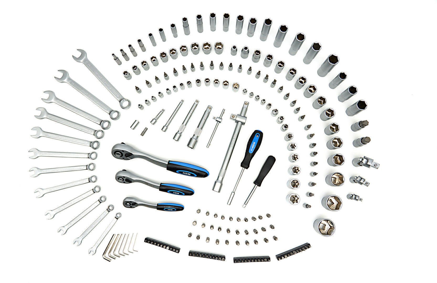 Valigetta utensili professionale 216 pezzi, serie di chiavi a bussola in Cr-V, torx cricchetti, prolunghe, kit attrezzi per auto, officina fai-da-te con attacchi 1/2" 3/8" 1/4", Hbm Olanda
