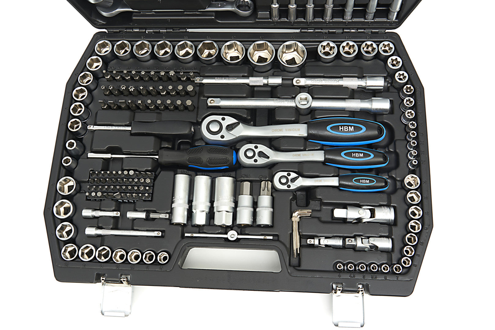 Valigetta utensili professionale 216 pezzi, serie di chiavi a bussola in Cr-V, torx cricchetti, prolunghe, kit attrezzi per auto, officina fai-da-te con attacchi 1/2" 3/8" 1/4", Hbm Olanda